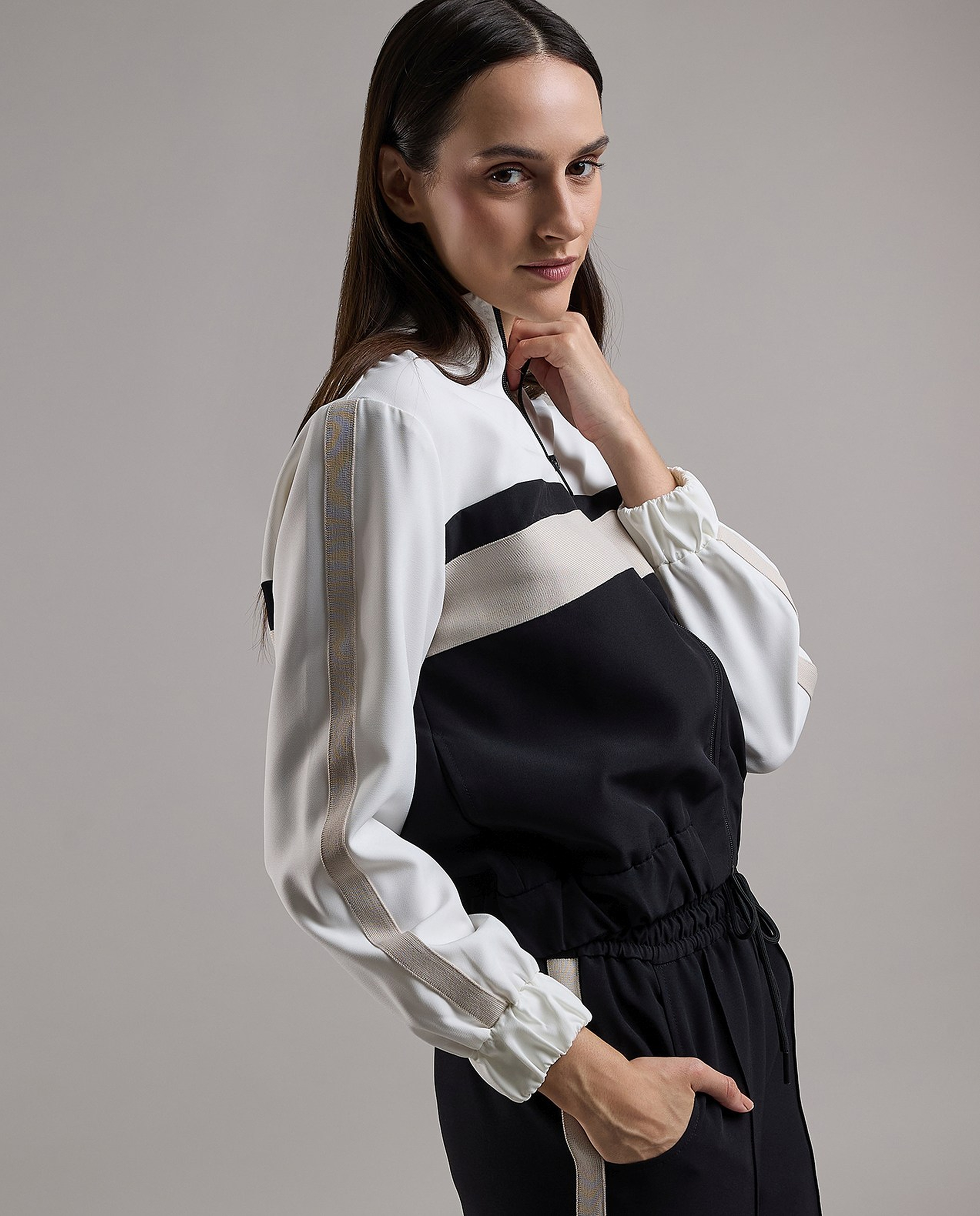 Color Block Jacket with Zipper Closure