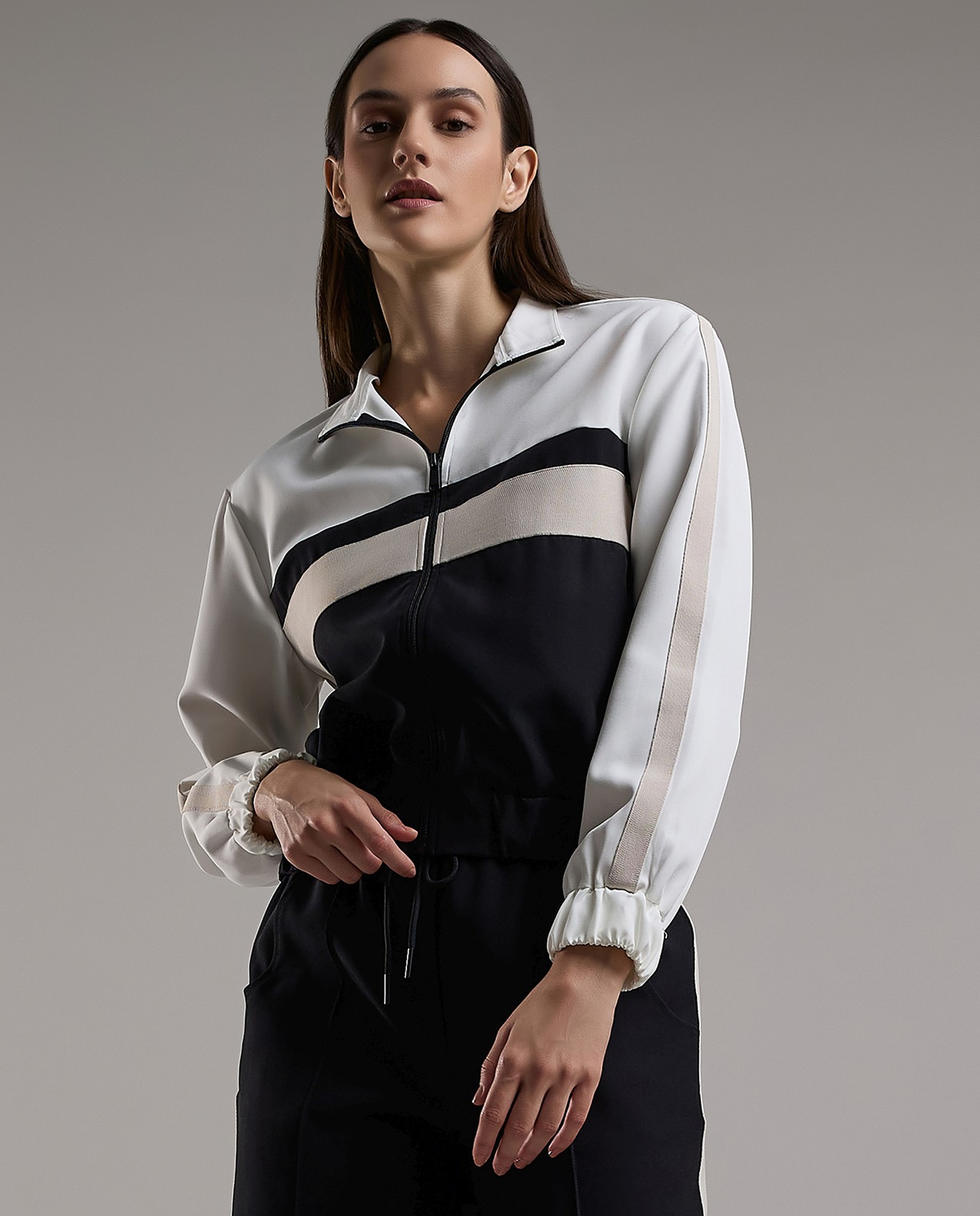 Color Block Jacket with Zipper Closure