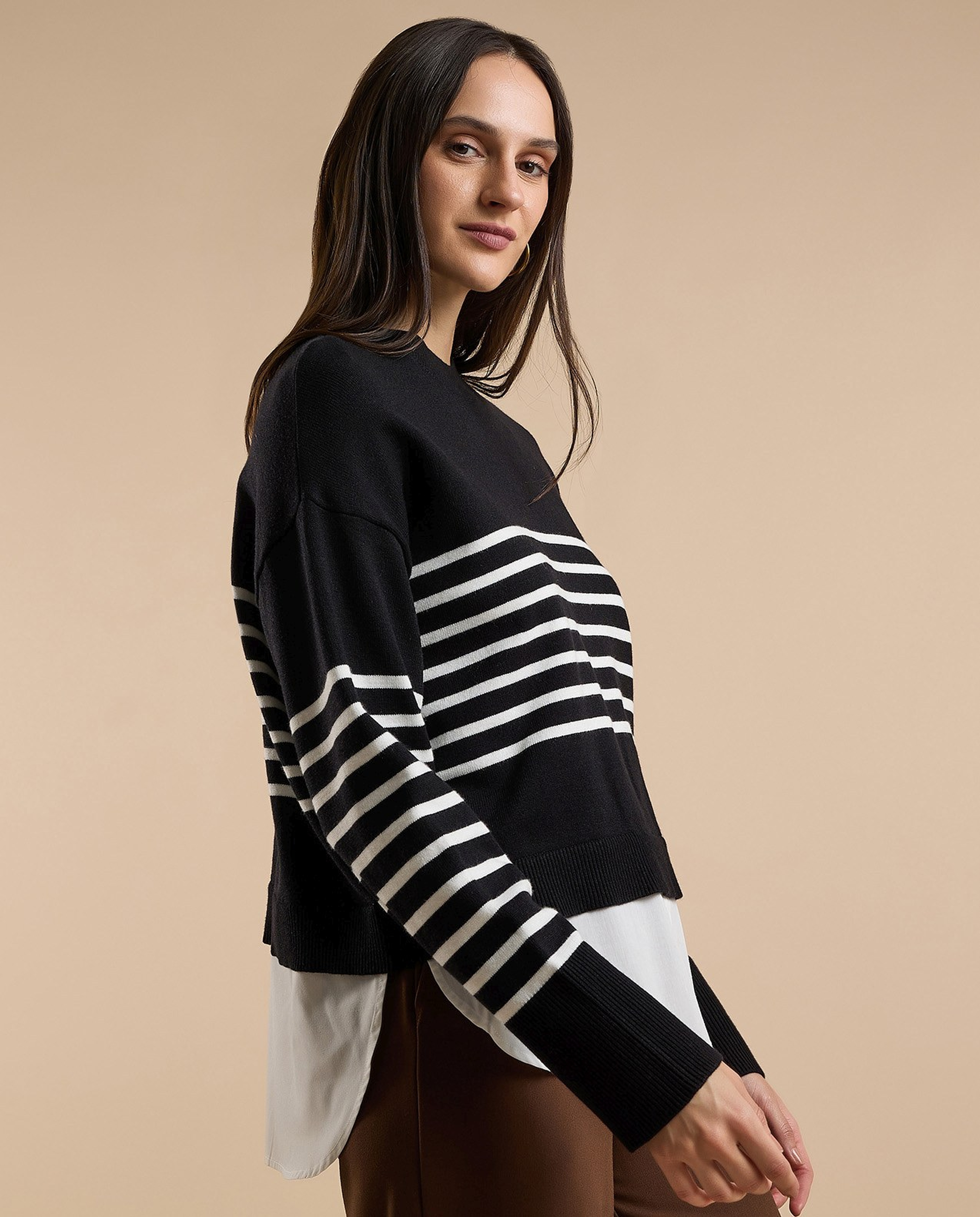 Striped Sweater with Crew Neck and Long Sleeves