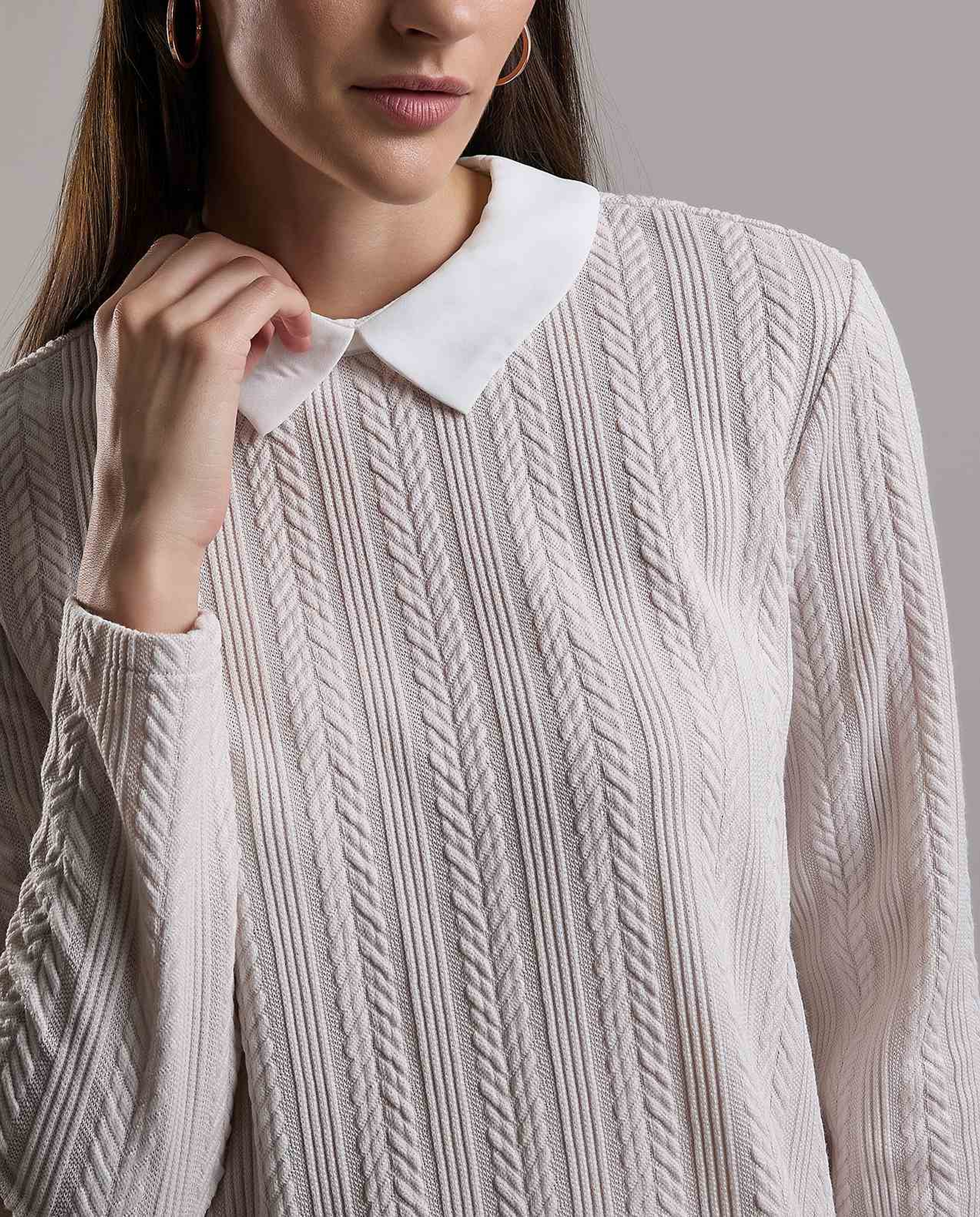 Knitted Top with Shirt Collar and Long Sleeves