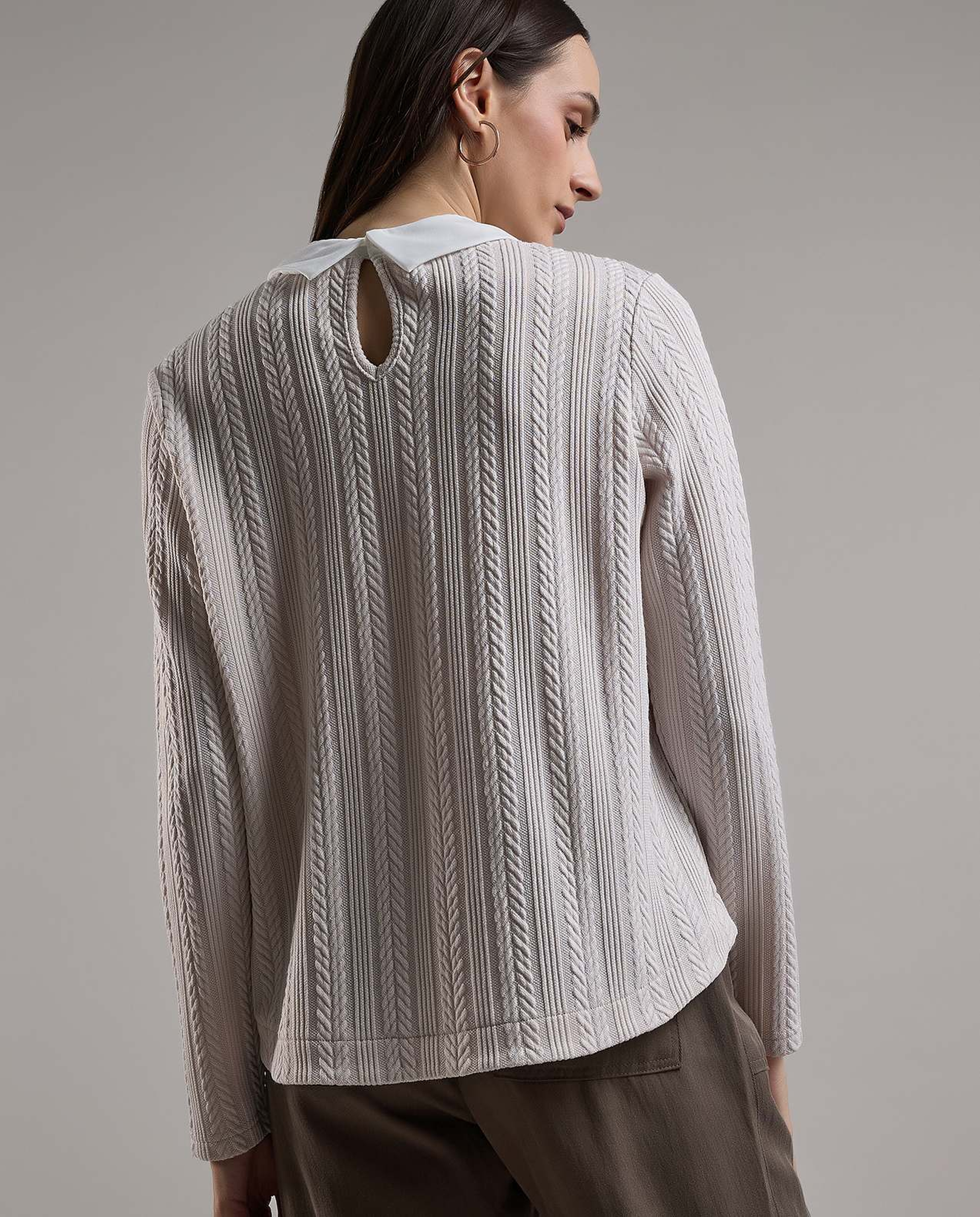 Knitted Top with Shirt Collar and Long Sleeves