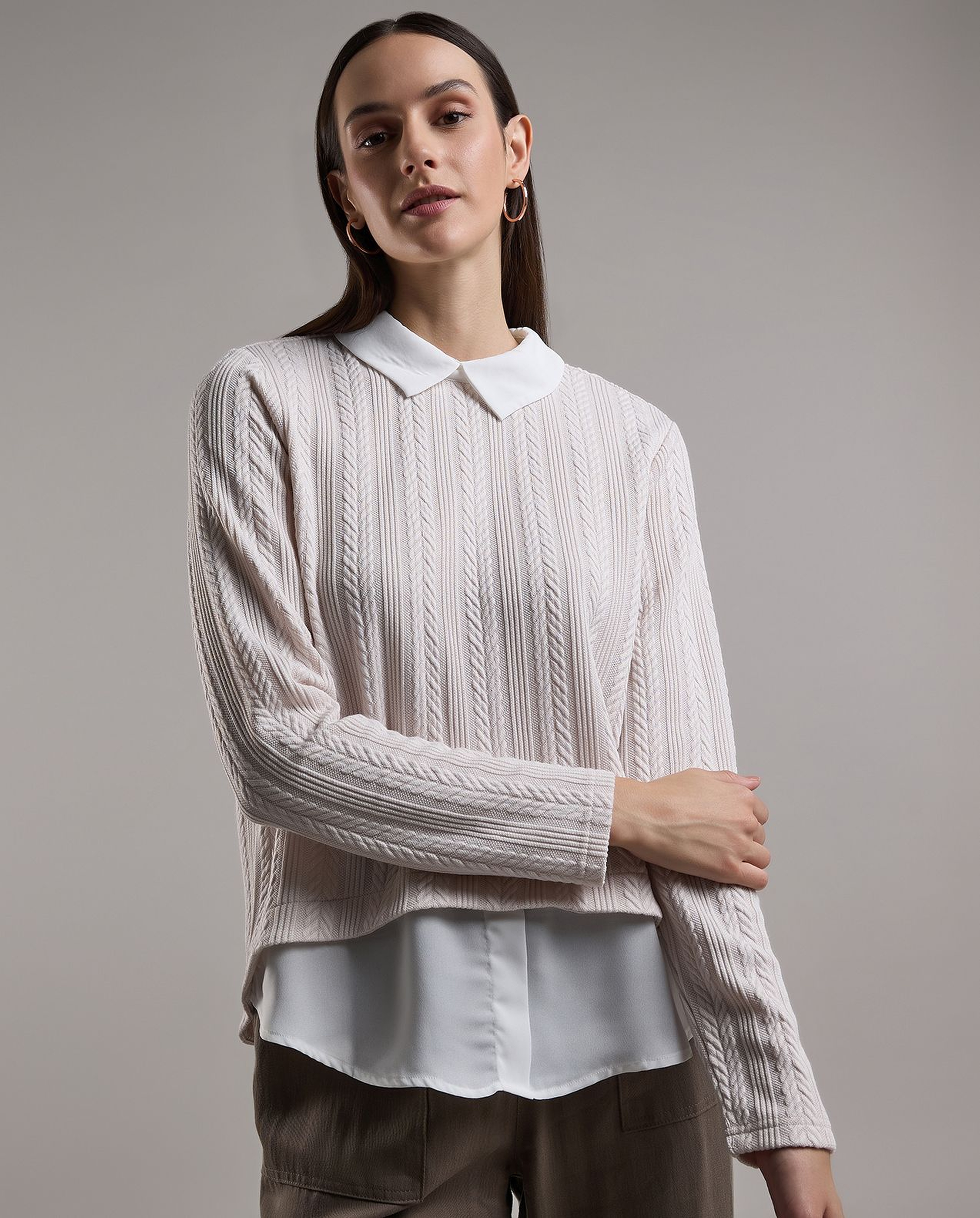 Knitted Top with Shirt Collar and Long Sleeves