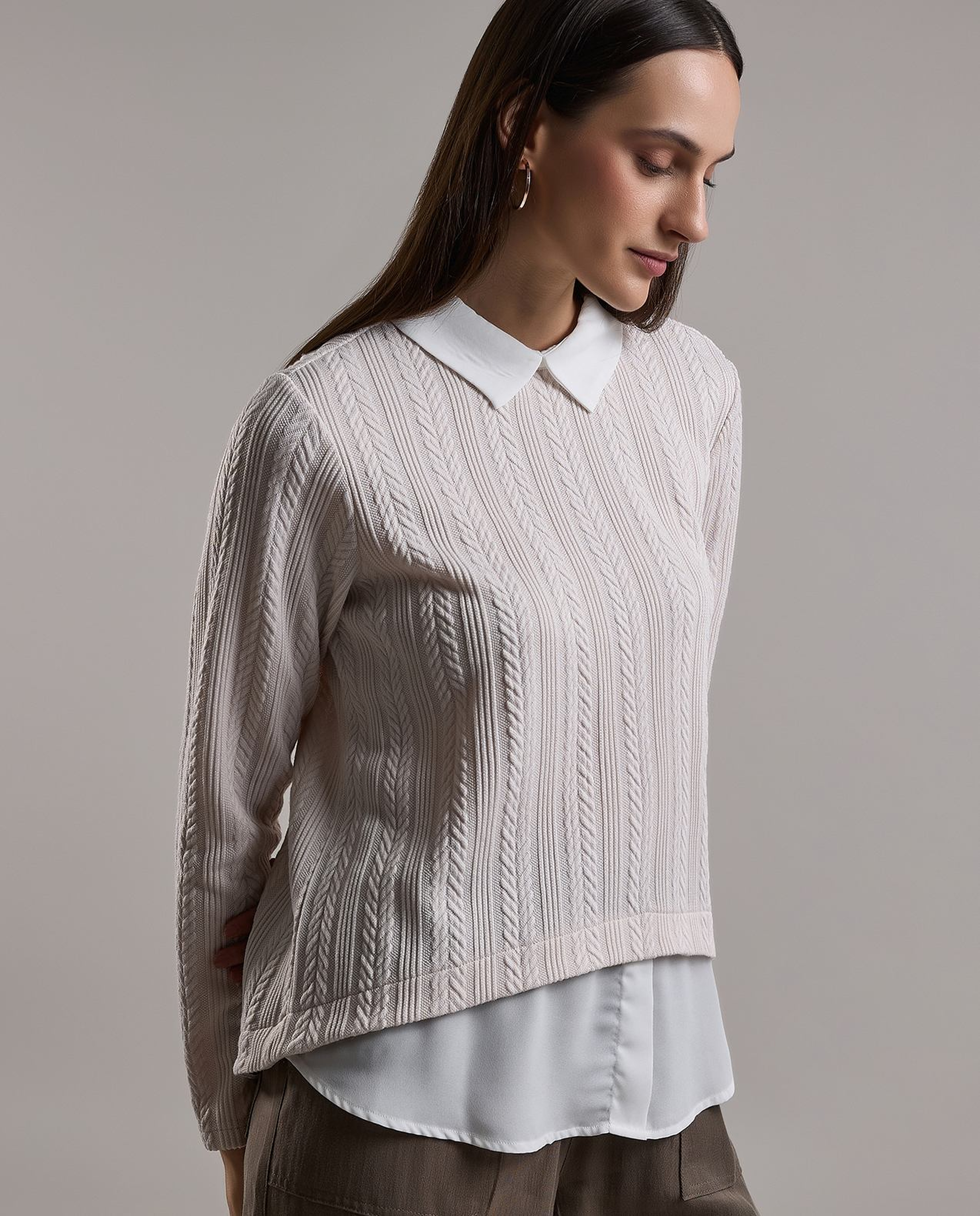 Knitted Top with Shirt Collar and Long Sleeves