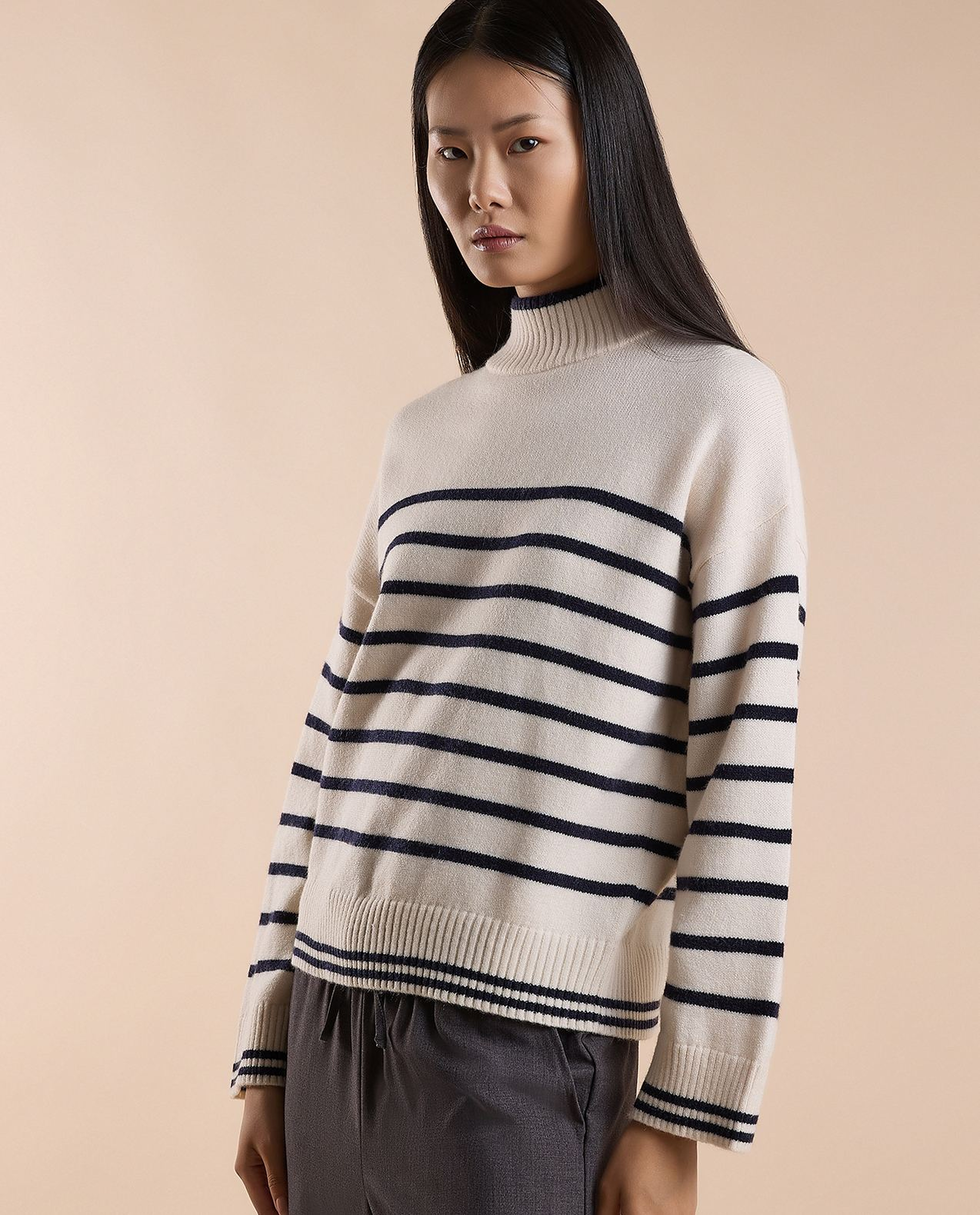 Striped Sweater with High Neck and Long Sleeves