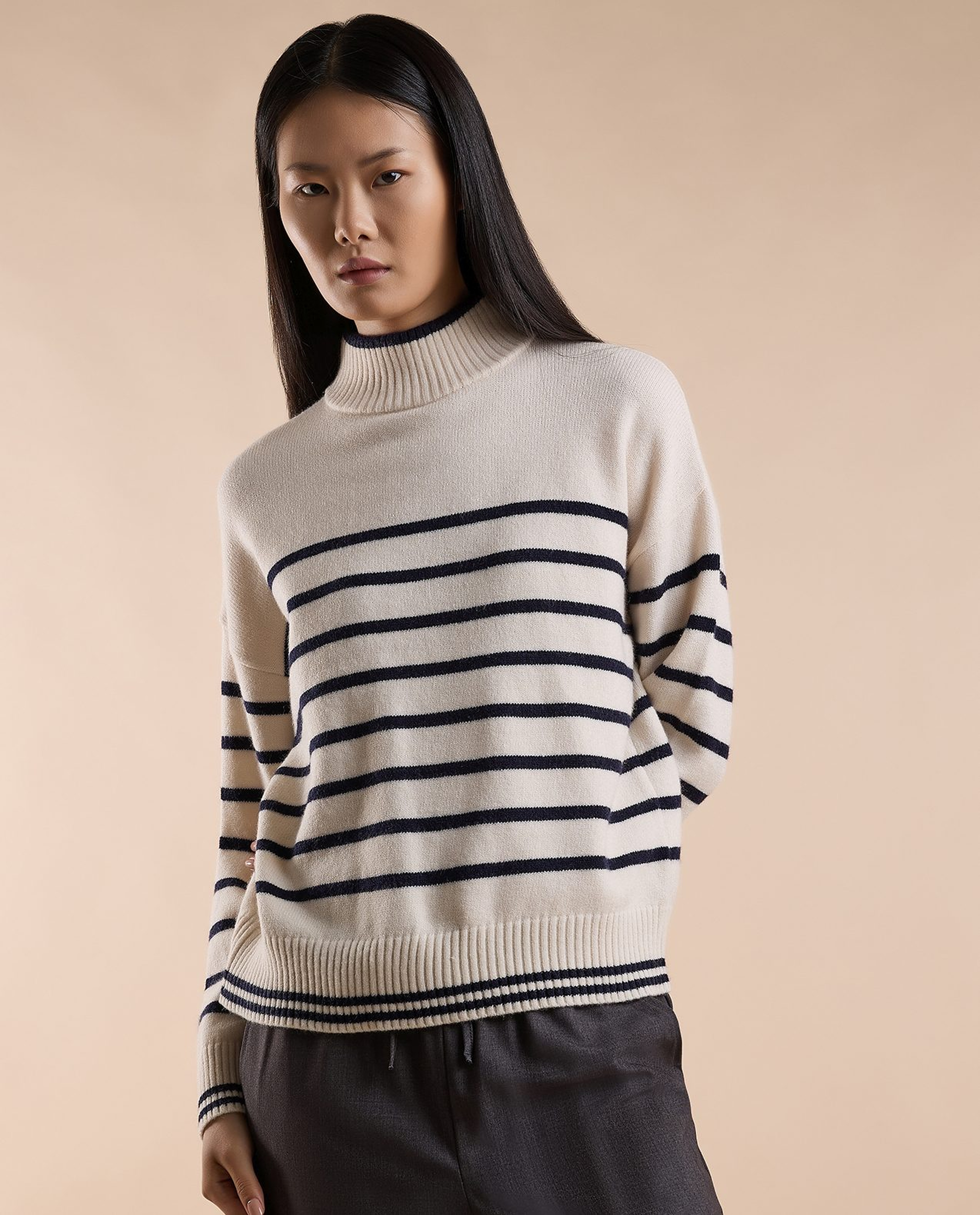 Striped Sweater with High Neck and Long Sleeves