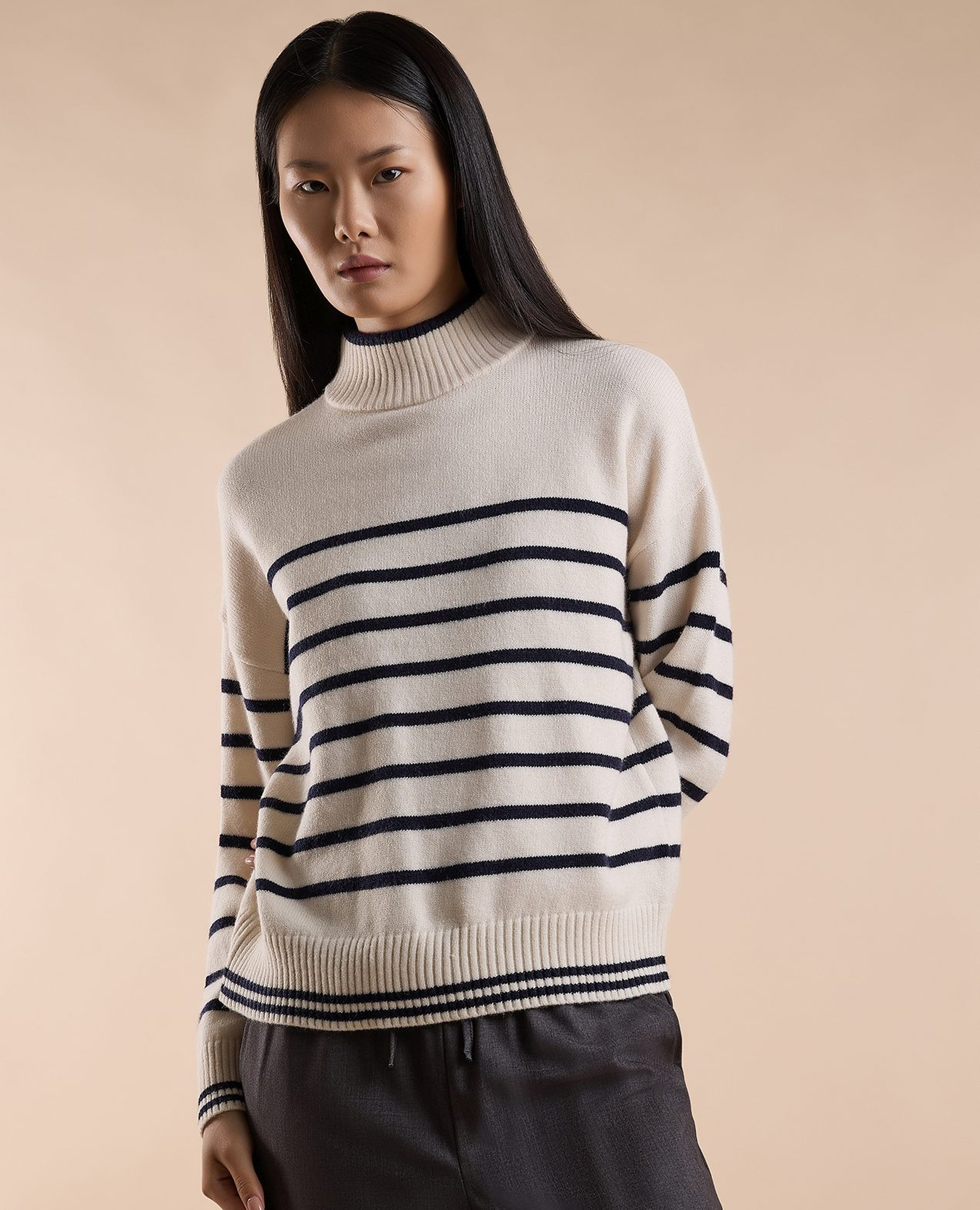 Striped Sweater with High Neck and Long Sleeves