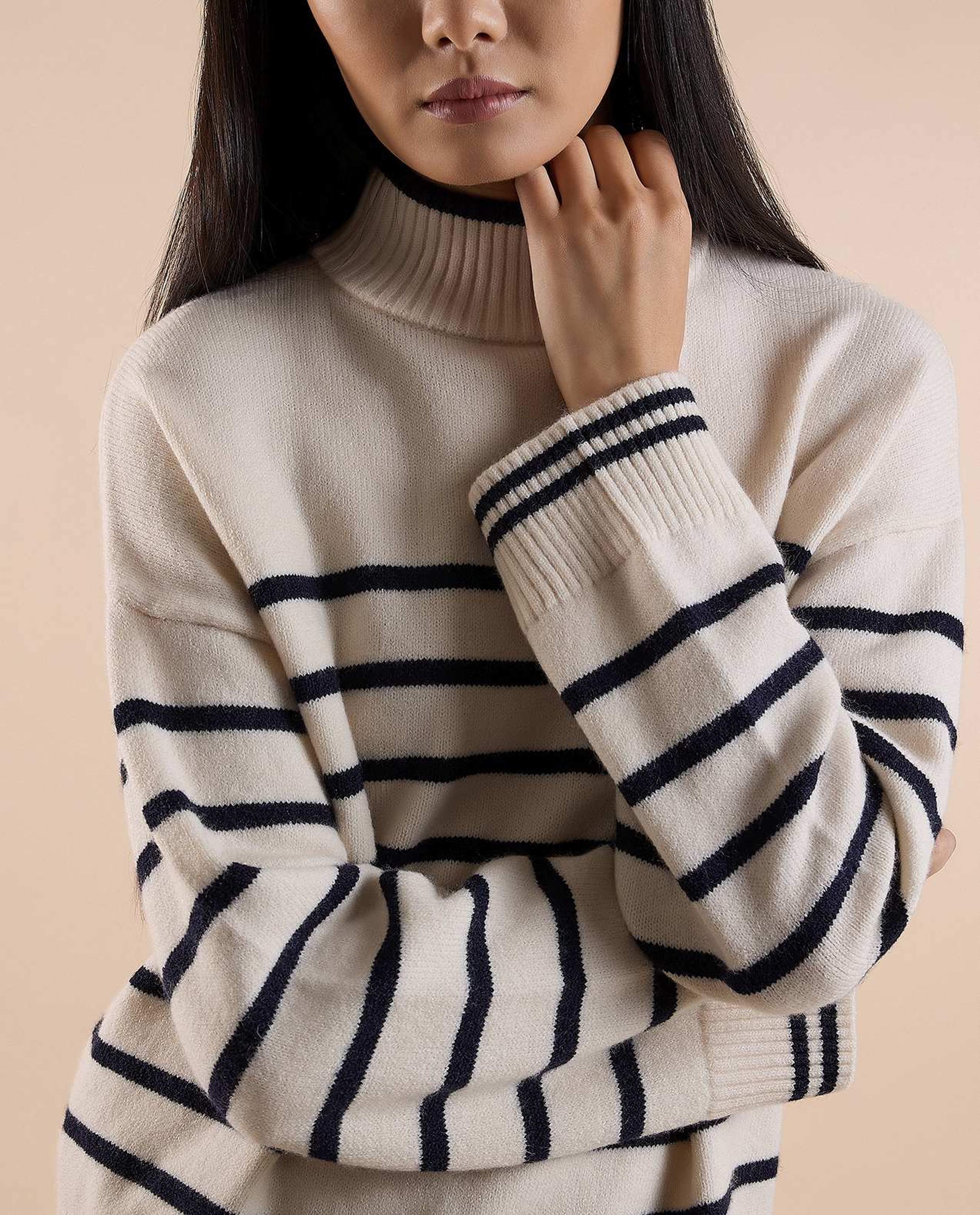 Striped Sweater with High Neck and Long Sleeves