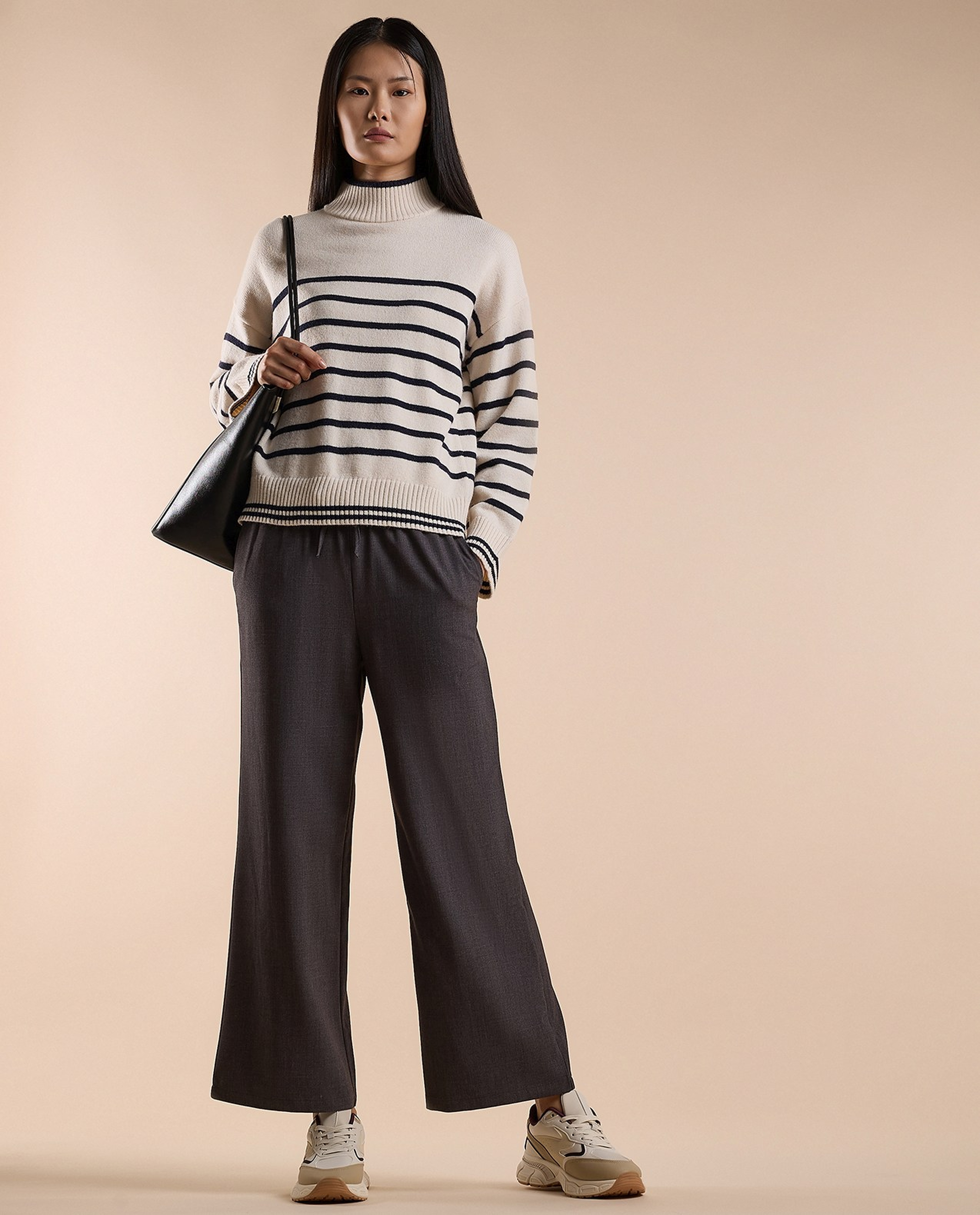 Striped Sweater with High Neck and Long Sleeves