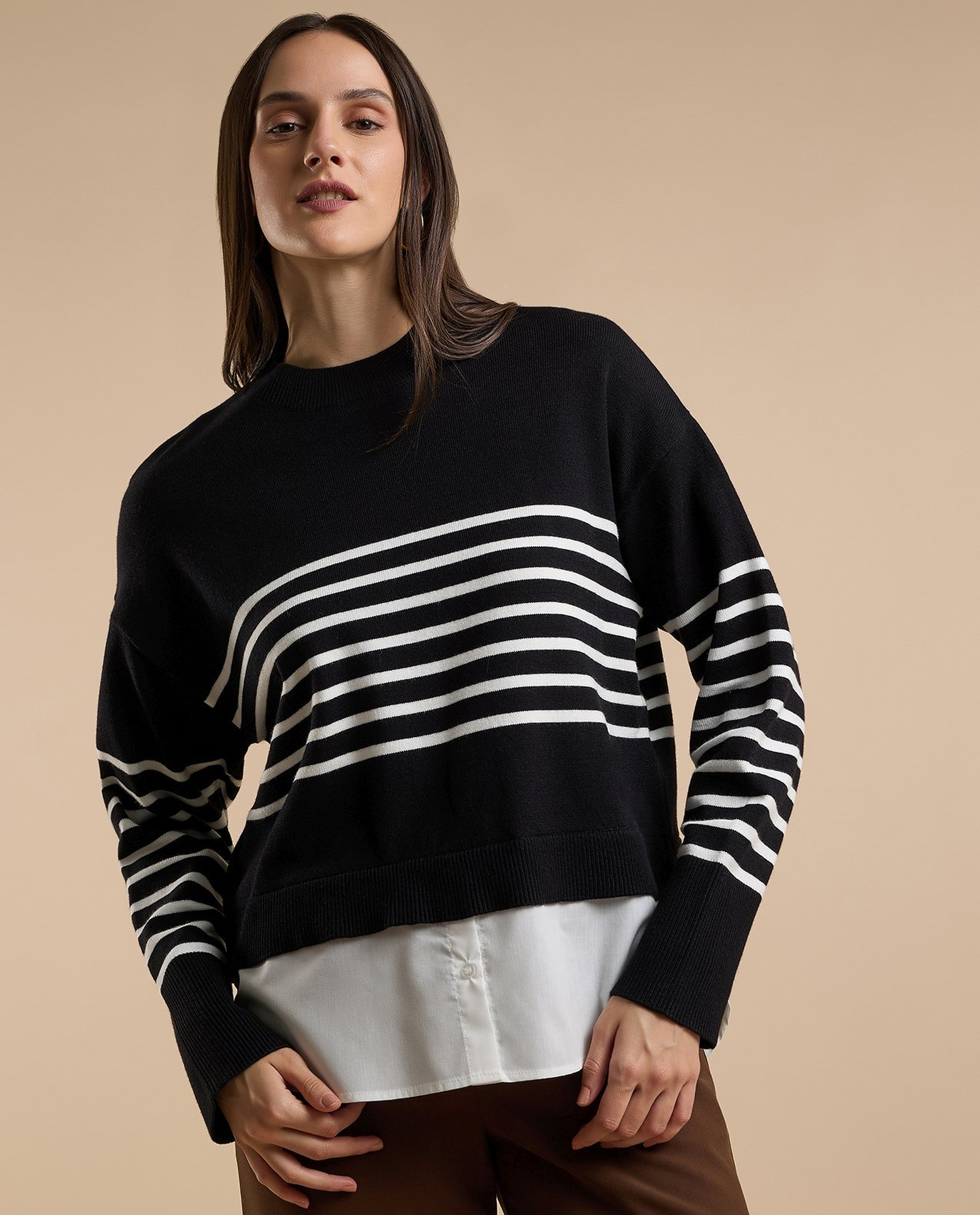 Striped Sweater with Crew Neck and Long Sleeves