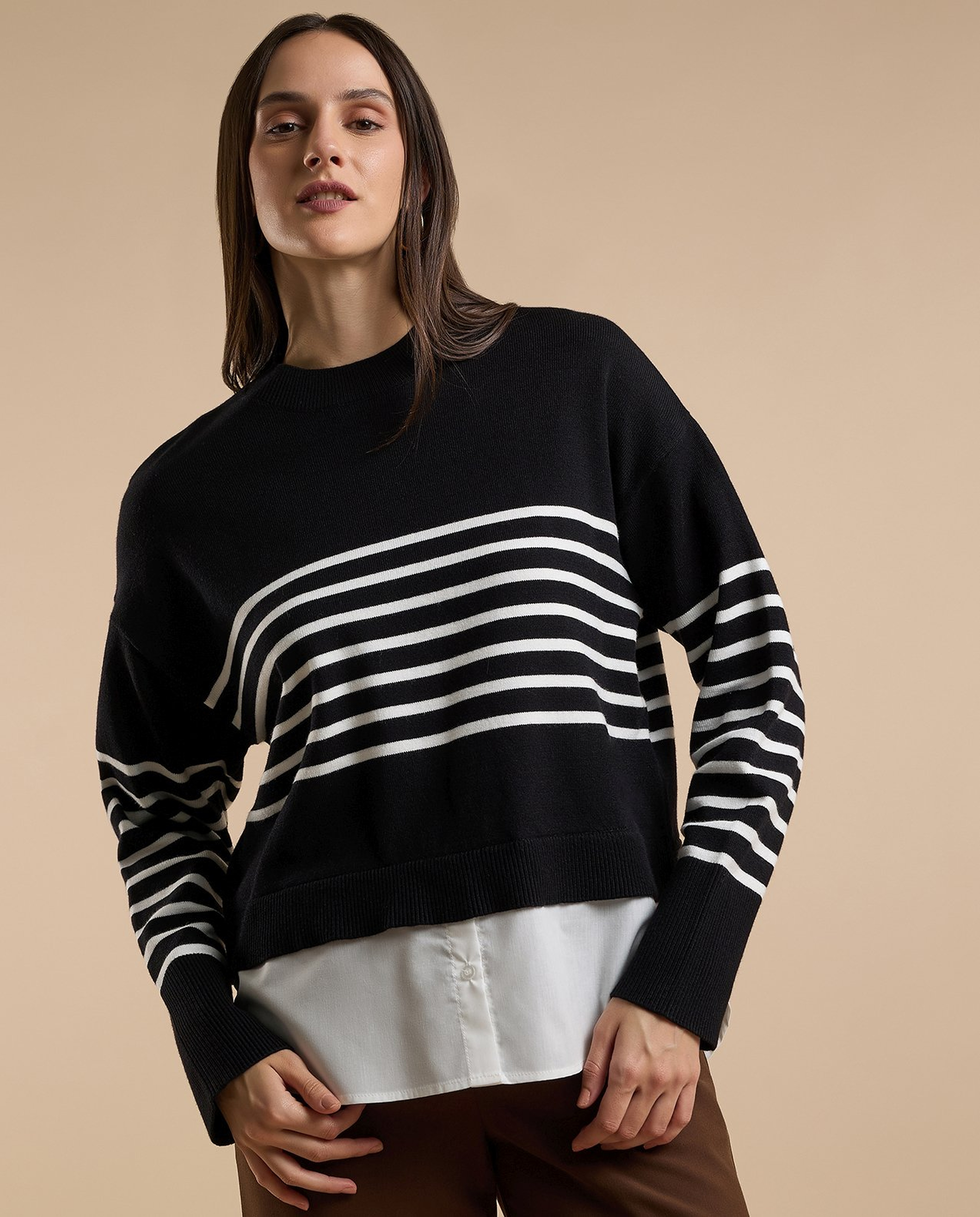 Striped Sweater with Crew Neck and Long Sleeves