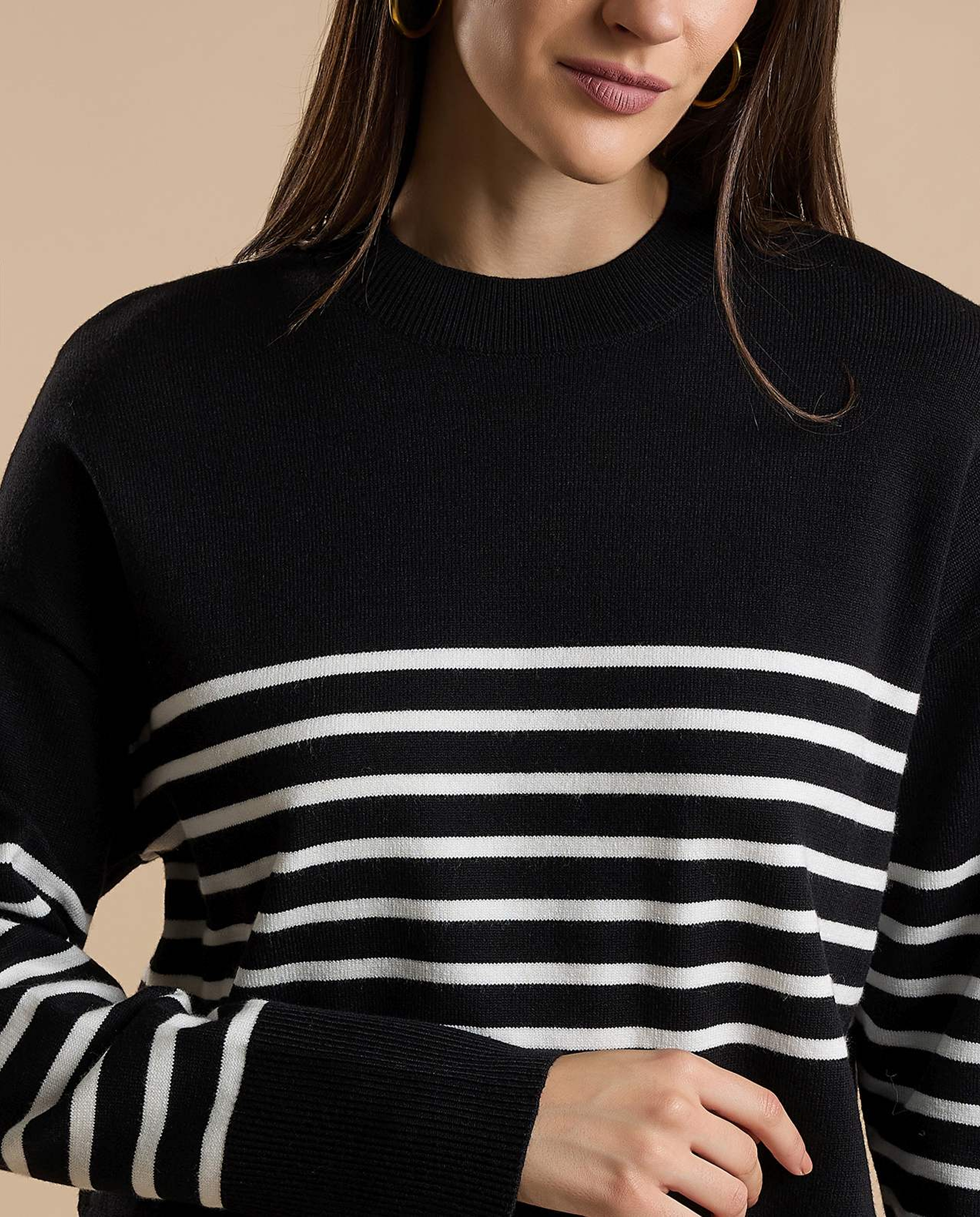 Striped Sweater with Crew Neck and Long Sleeves