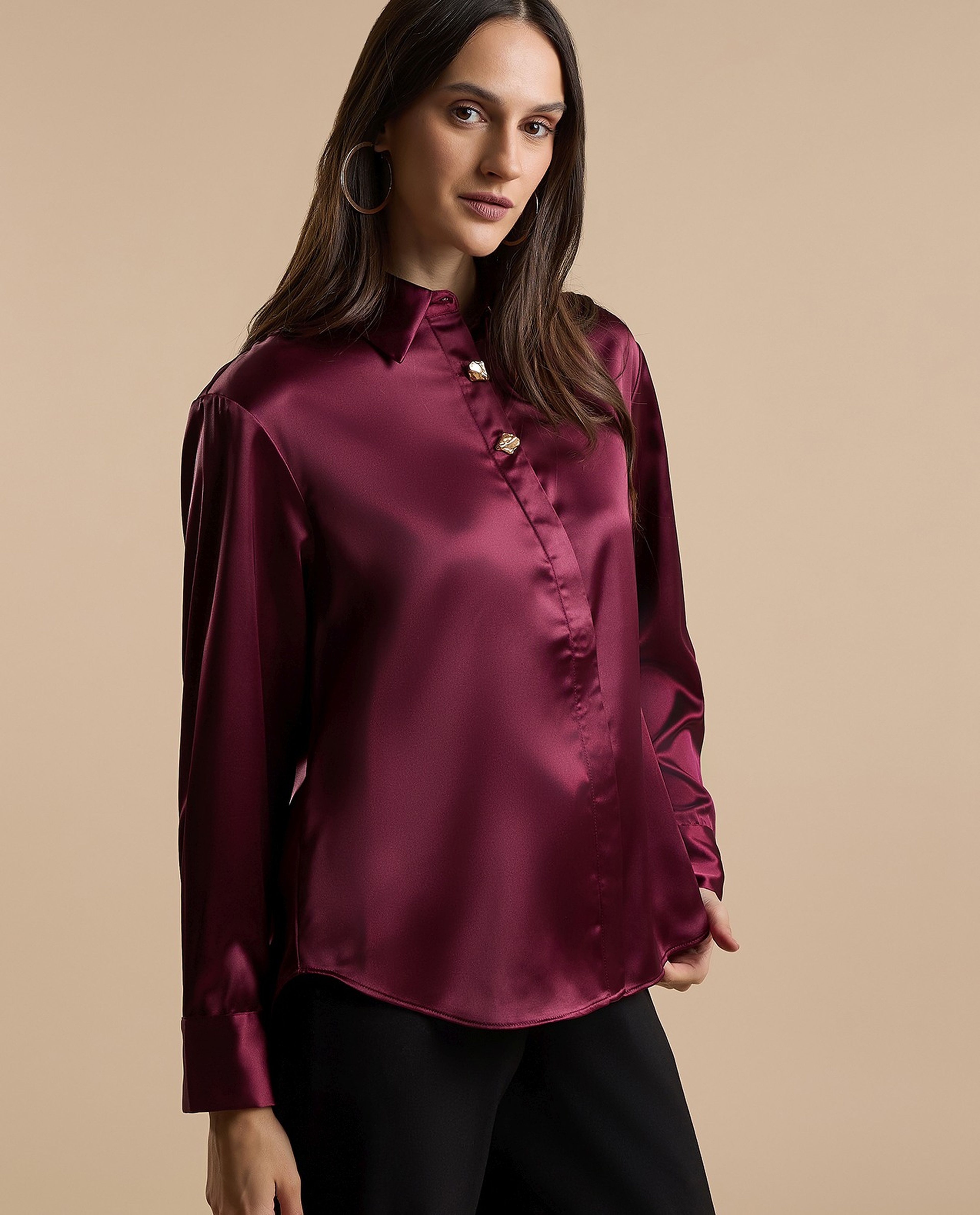 Solid Shirt with Classic Collar and Long Sleeves