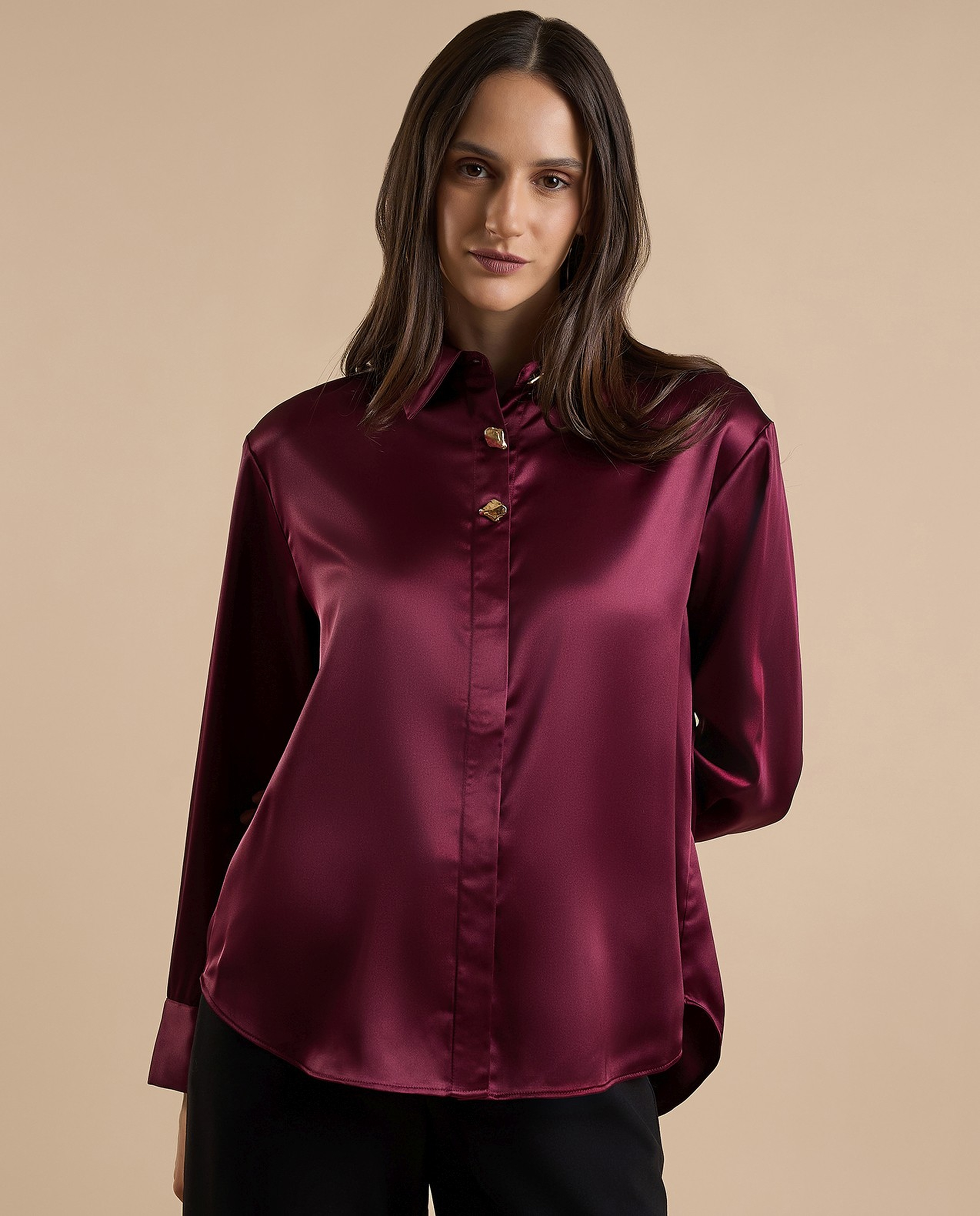Solid Shirt with Classic Collar and Long Sleeves