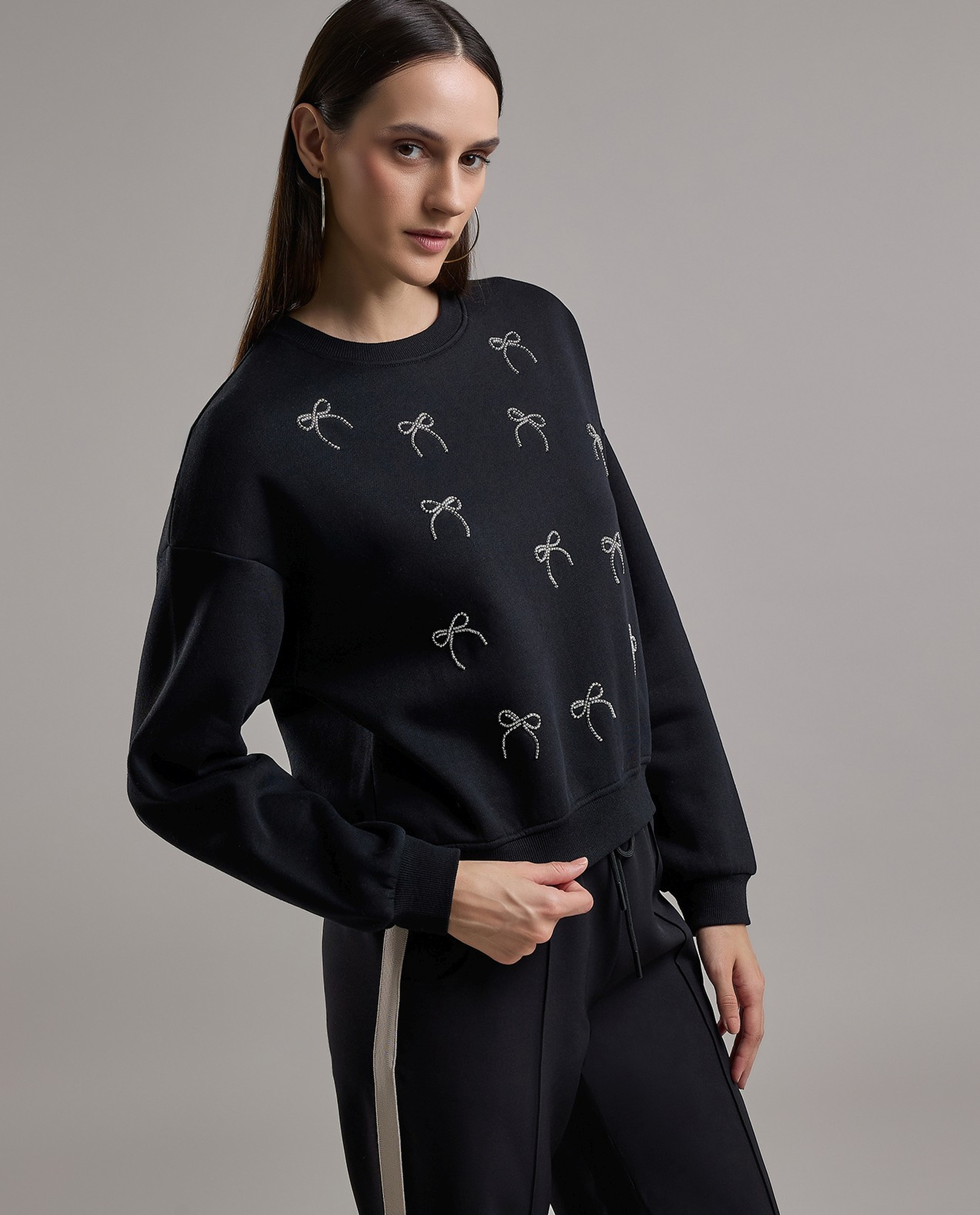 Embellished Sweatshirt with Crew Neck and Long Sleeves