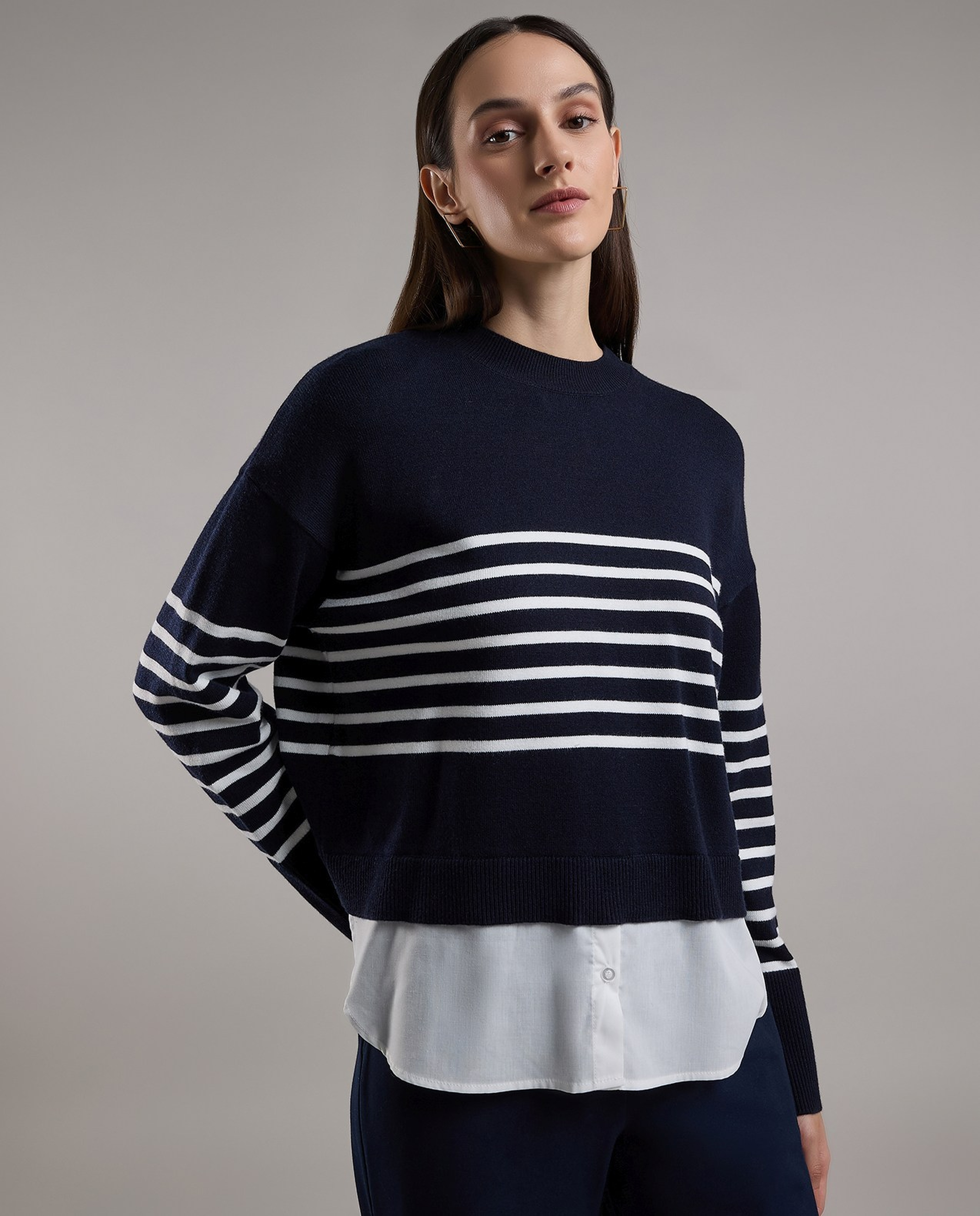 Striped Sweater with Crew Neck and Long Sleeves