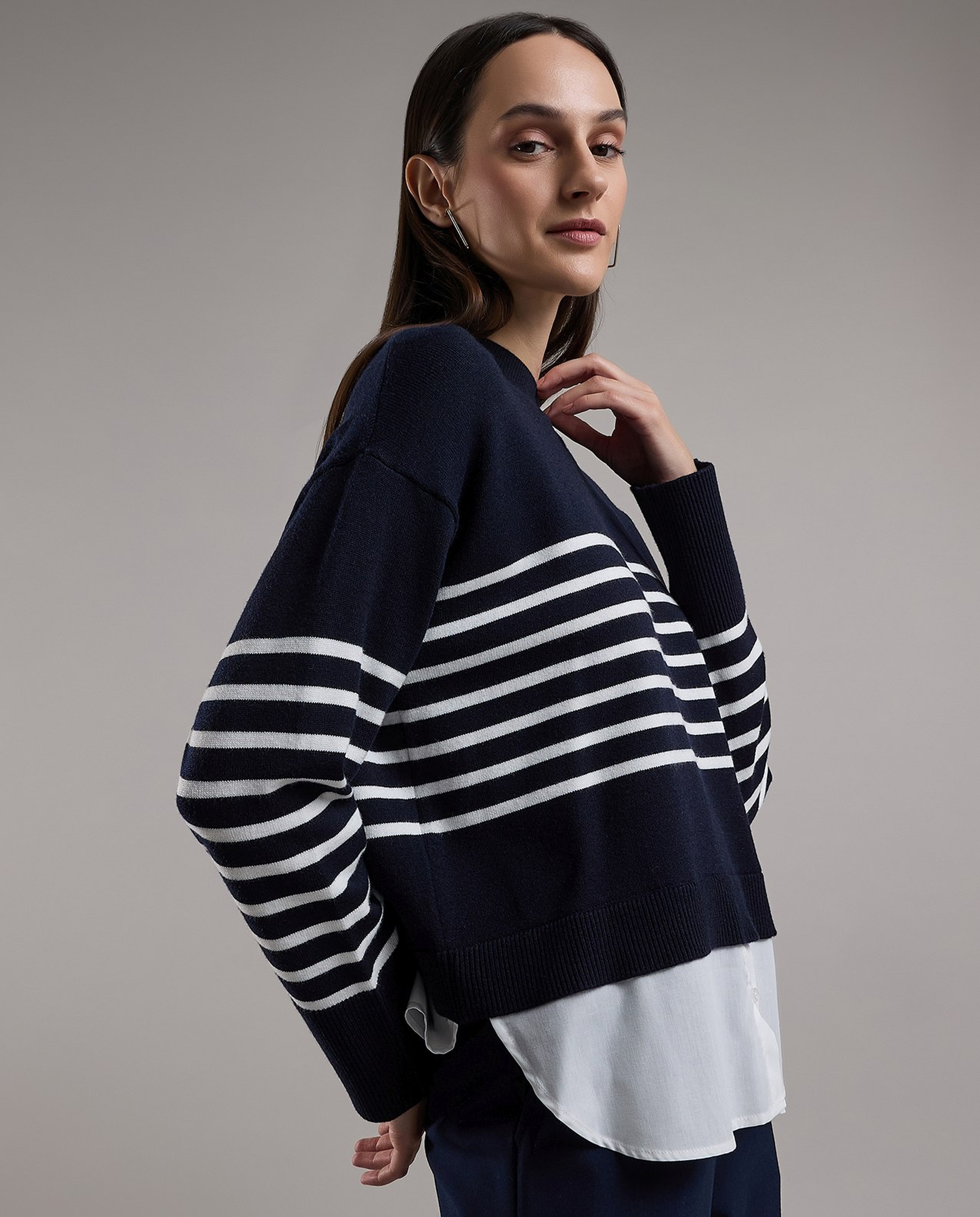 Striped Sweater with Crew Neck and Long Sleeves