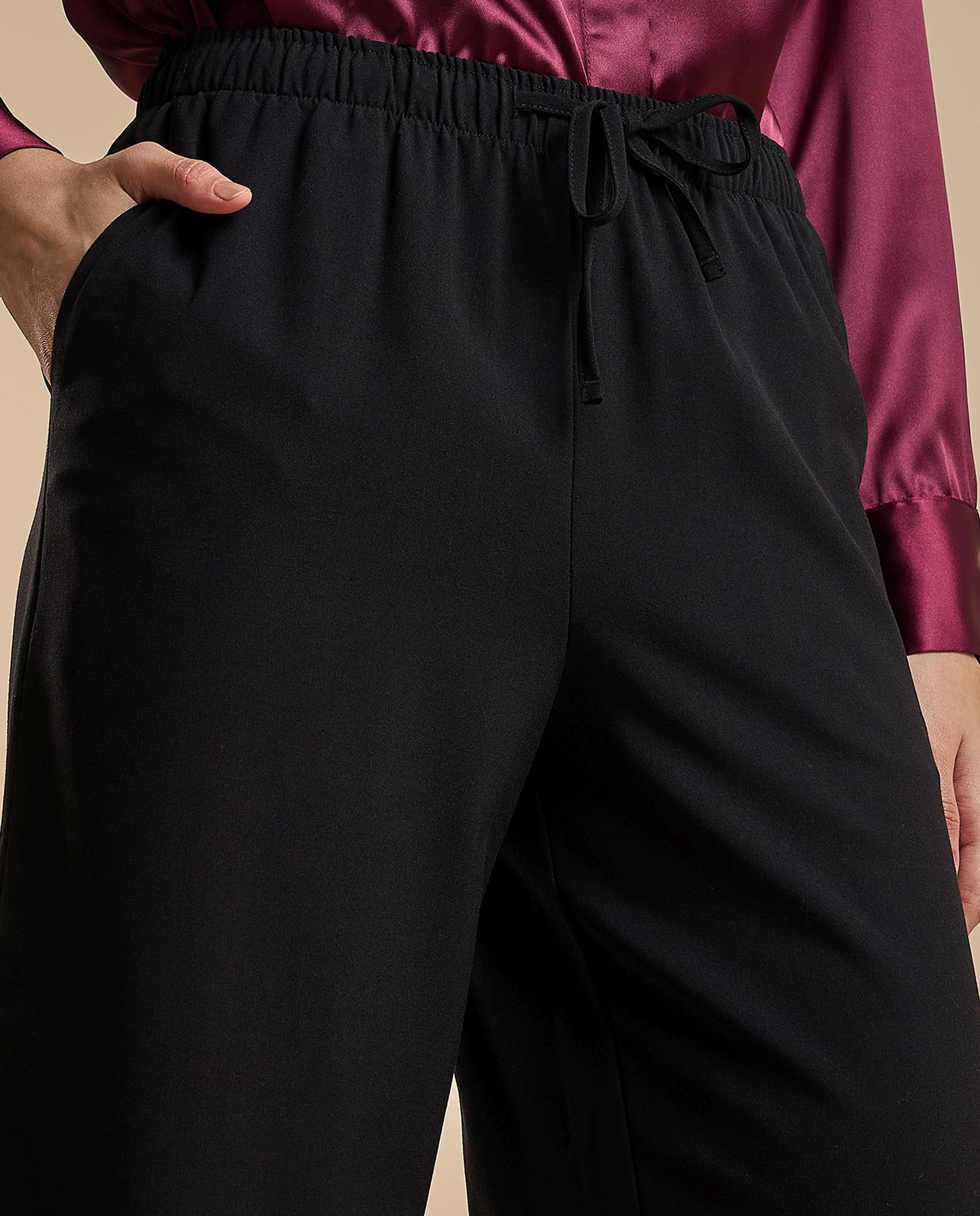 Solid Wide Keg Pants with Drawstring Waist