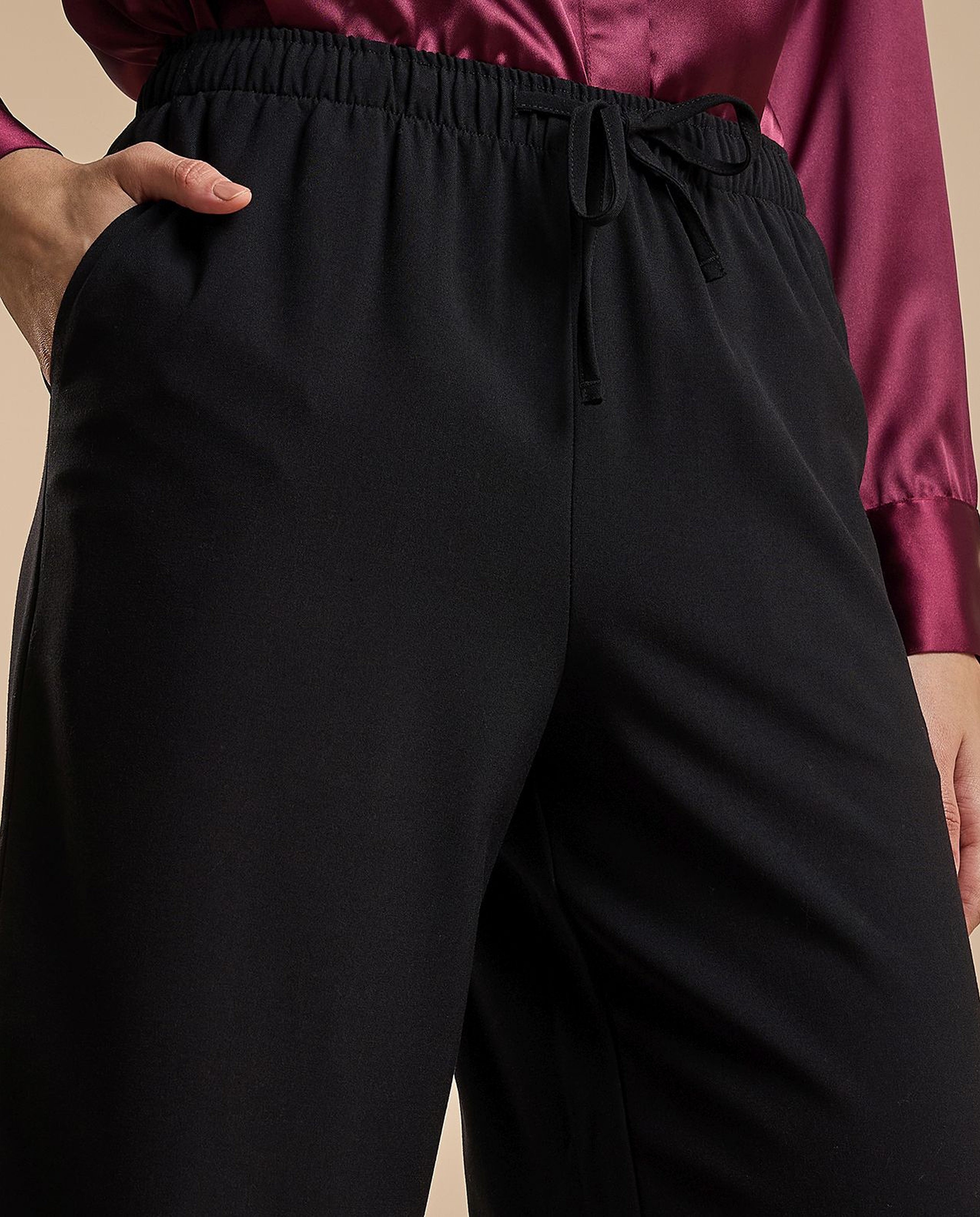 Solid Wide Keg Pants with Drawstring Waist