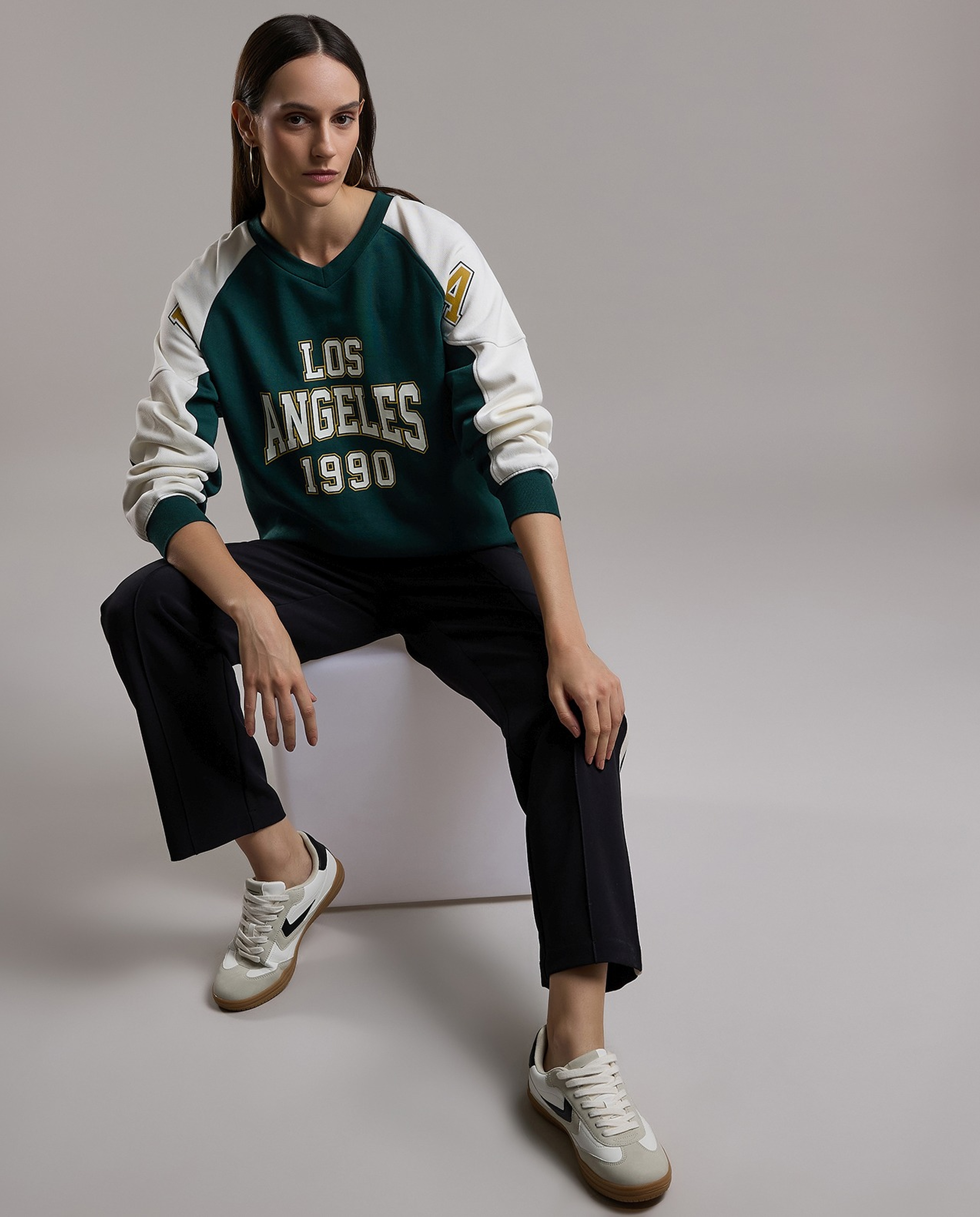 Color Block Sweatshirt with V-Neck and Raglan Sleeves