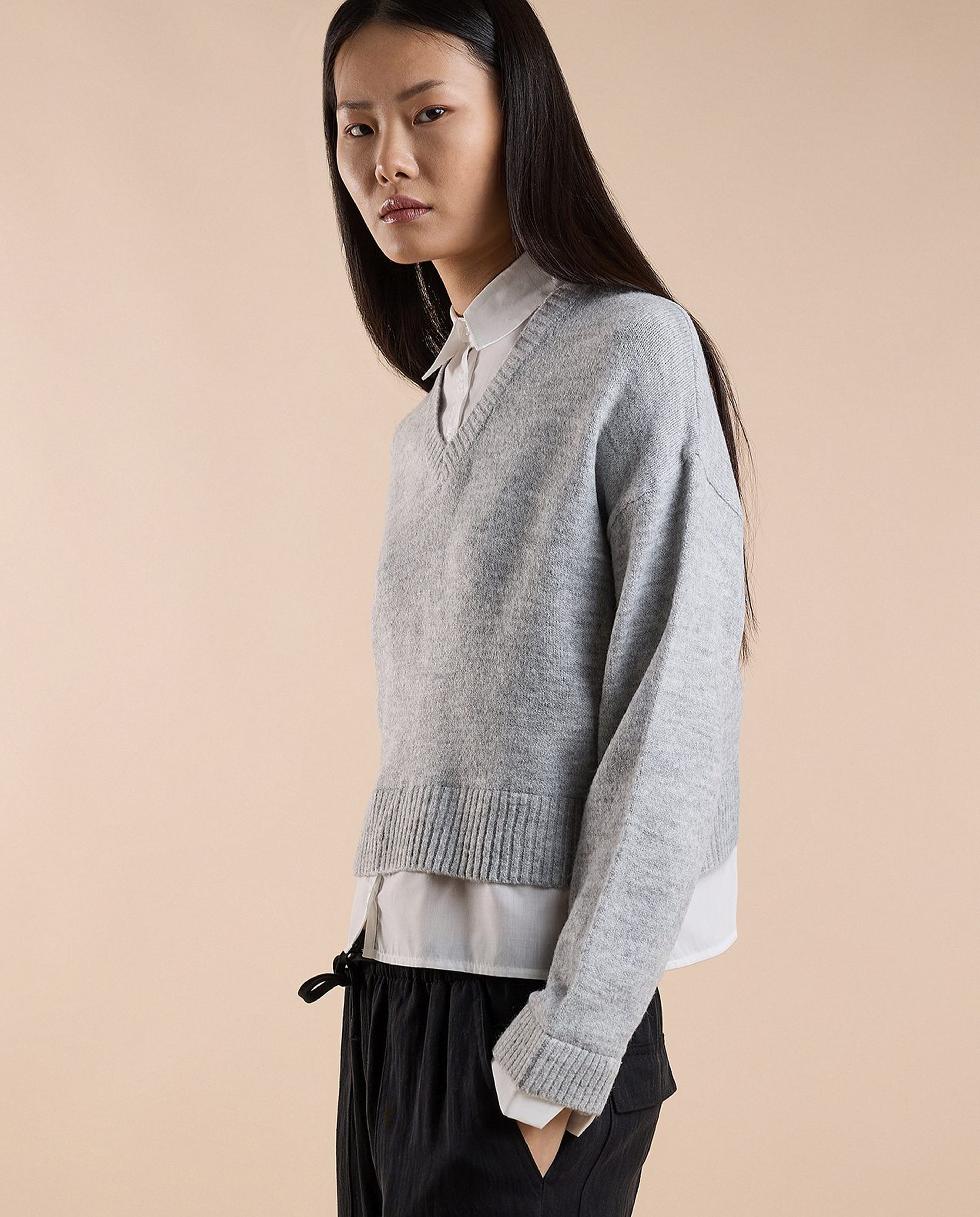 Solid Sweater with V-Neck and Long Sleeves