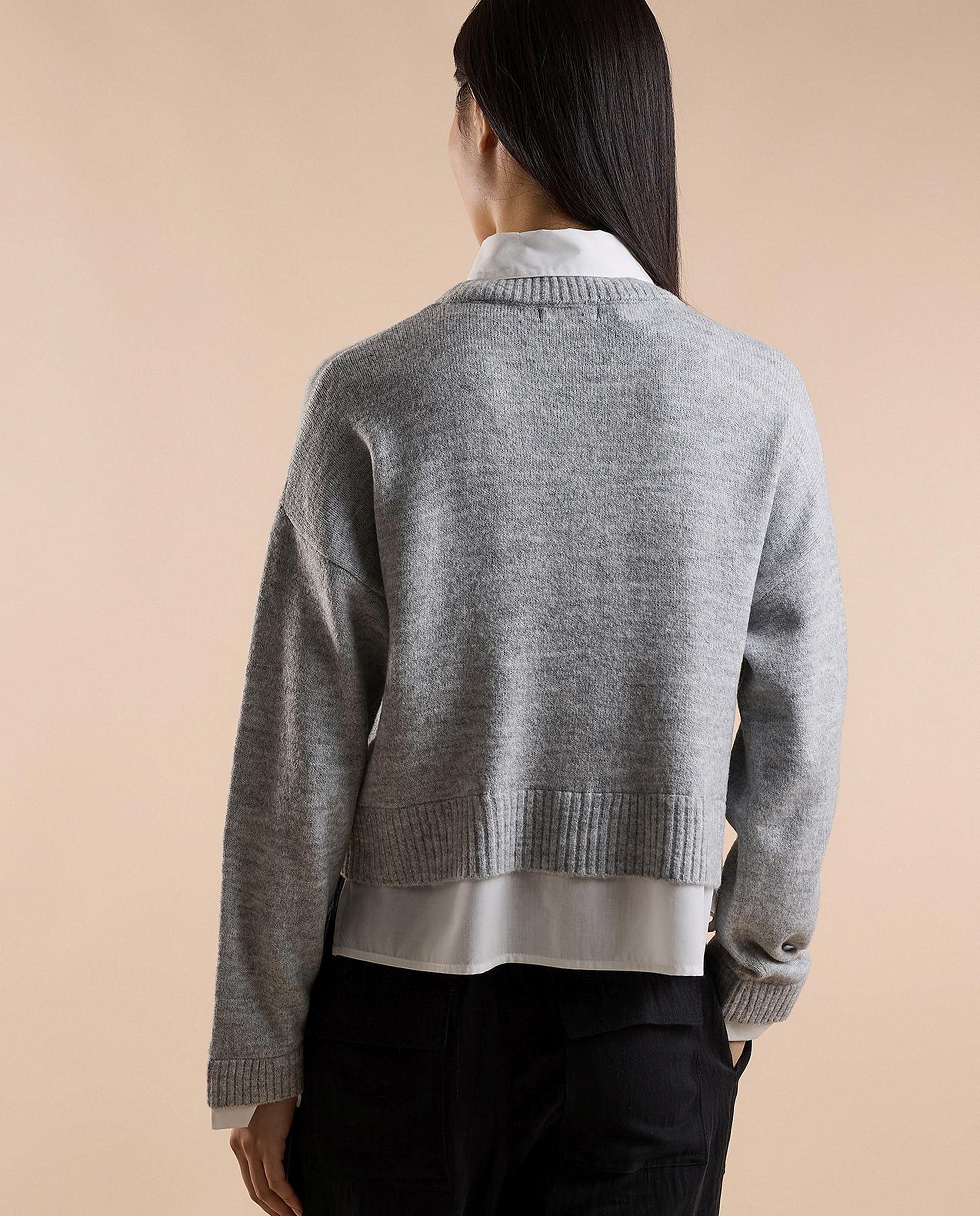 Solid Sweater with V-Neck and Long Sleeves