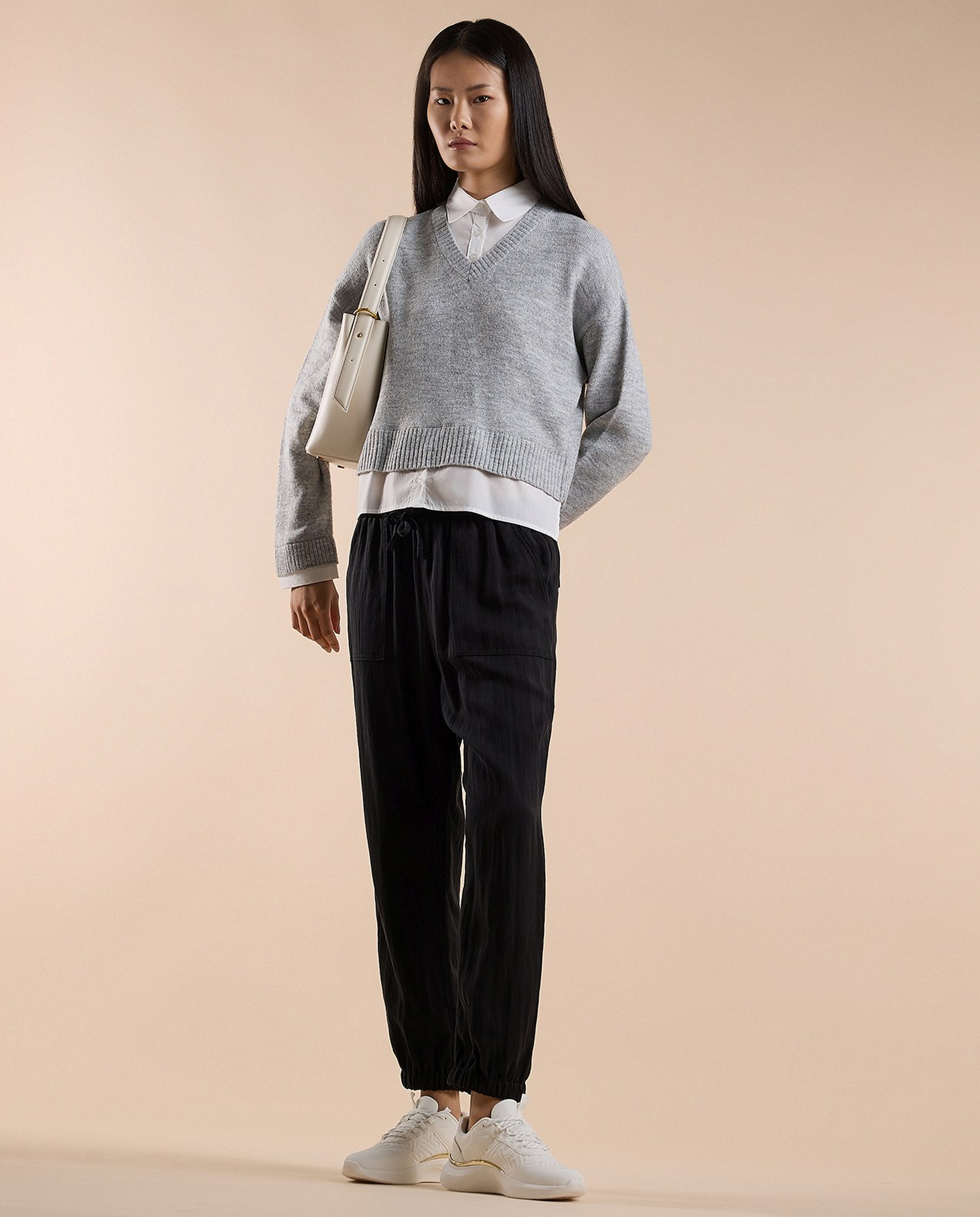 Solid Sweater with V-Neck and Long Sleeves