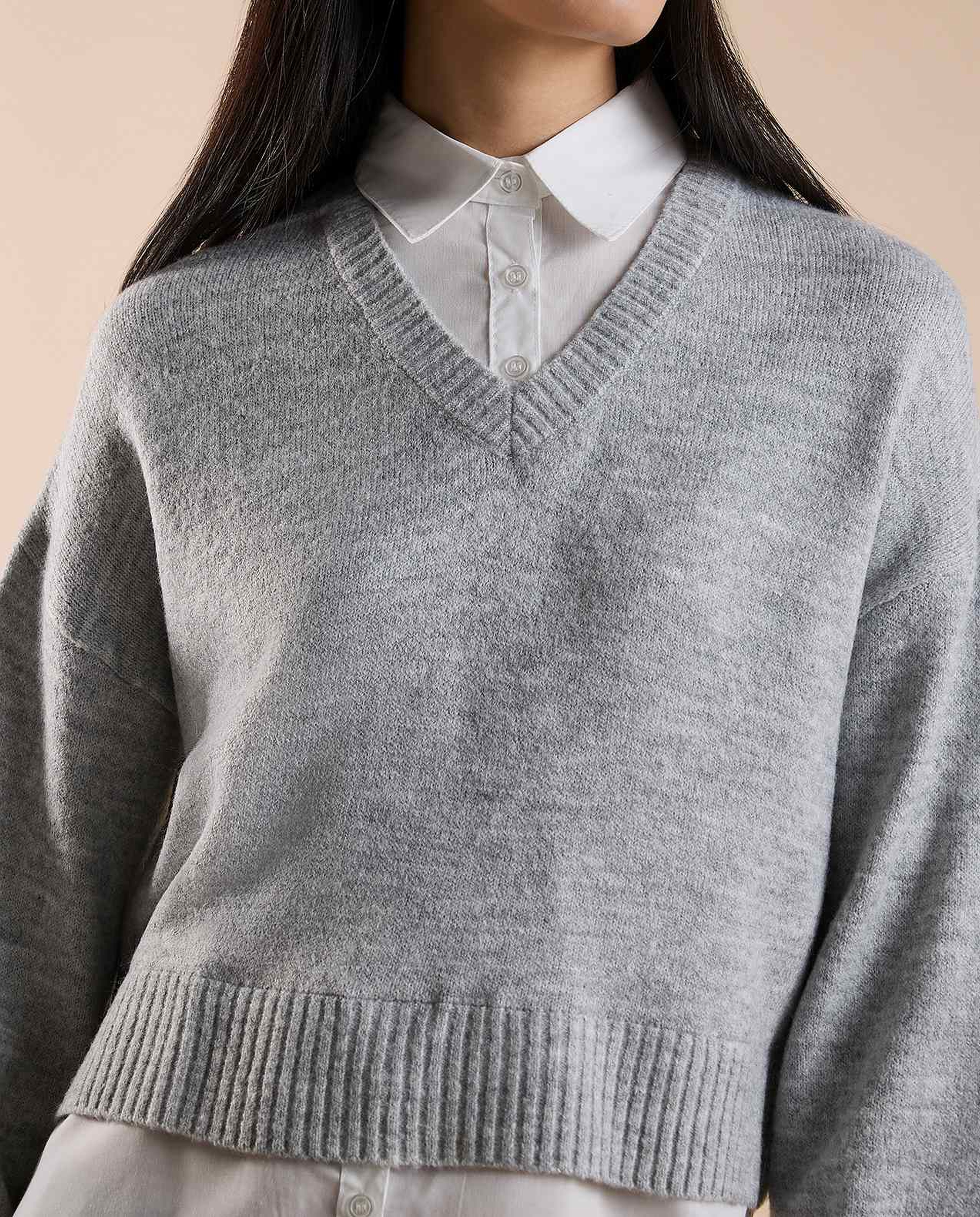 Solid Sweater with V-Neck and Long Sleeves