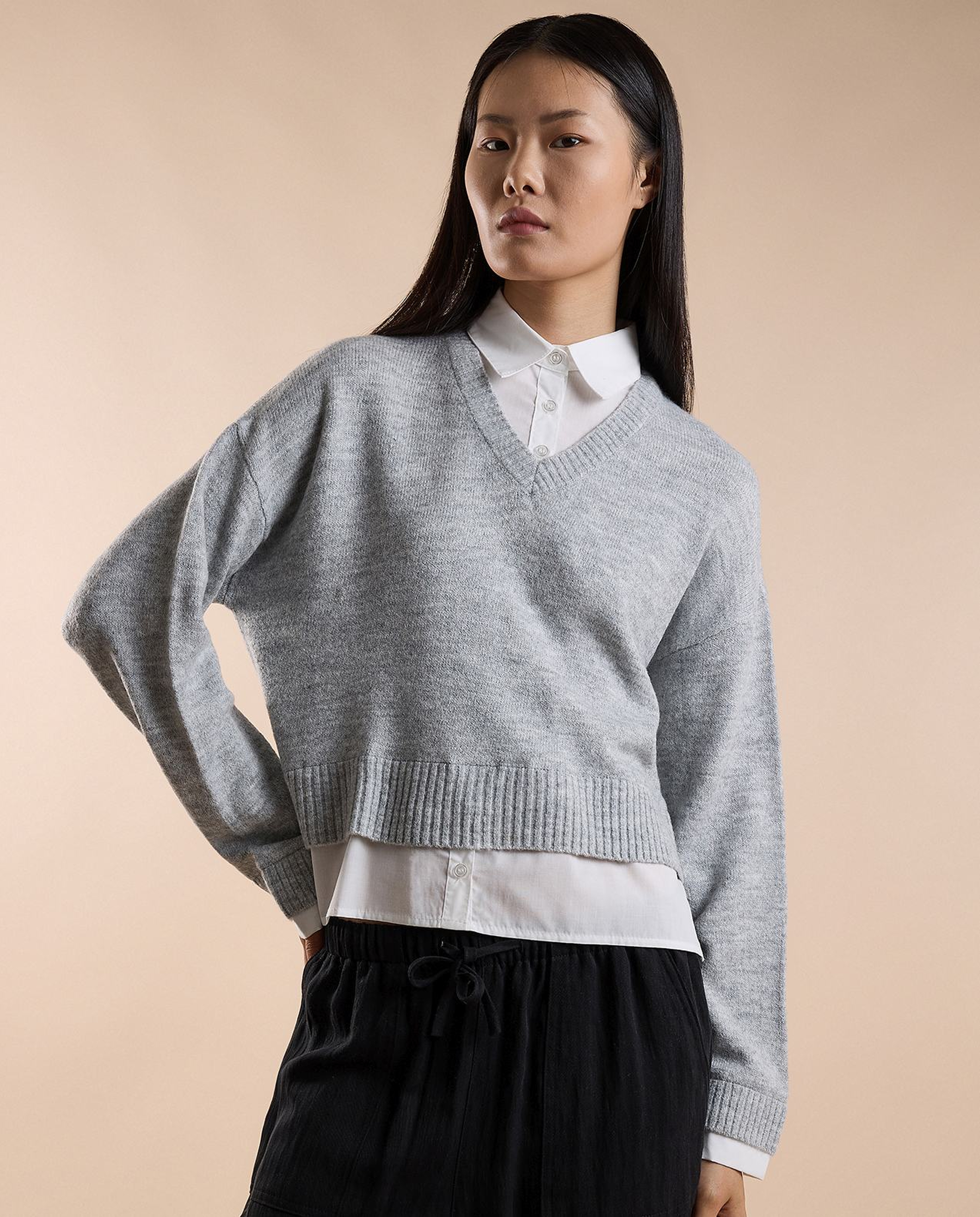 Solid Sweater with V-Neck and Long Sleeves