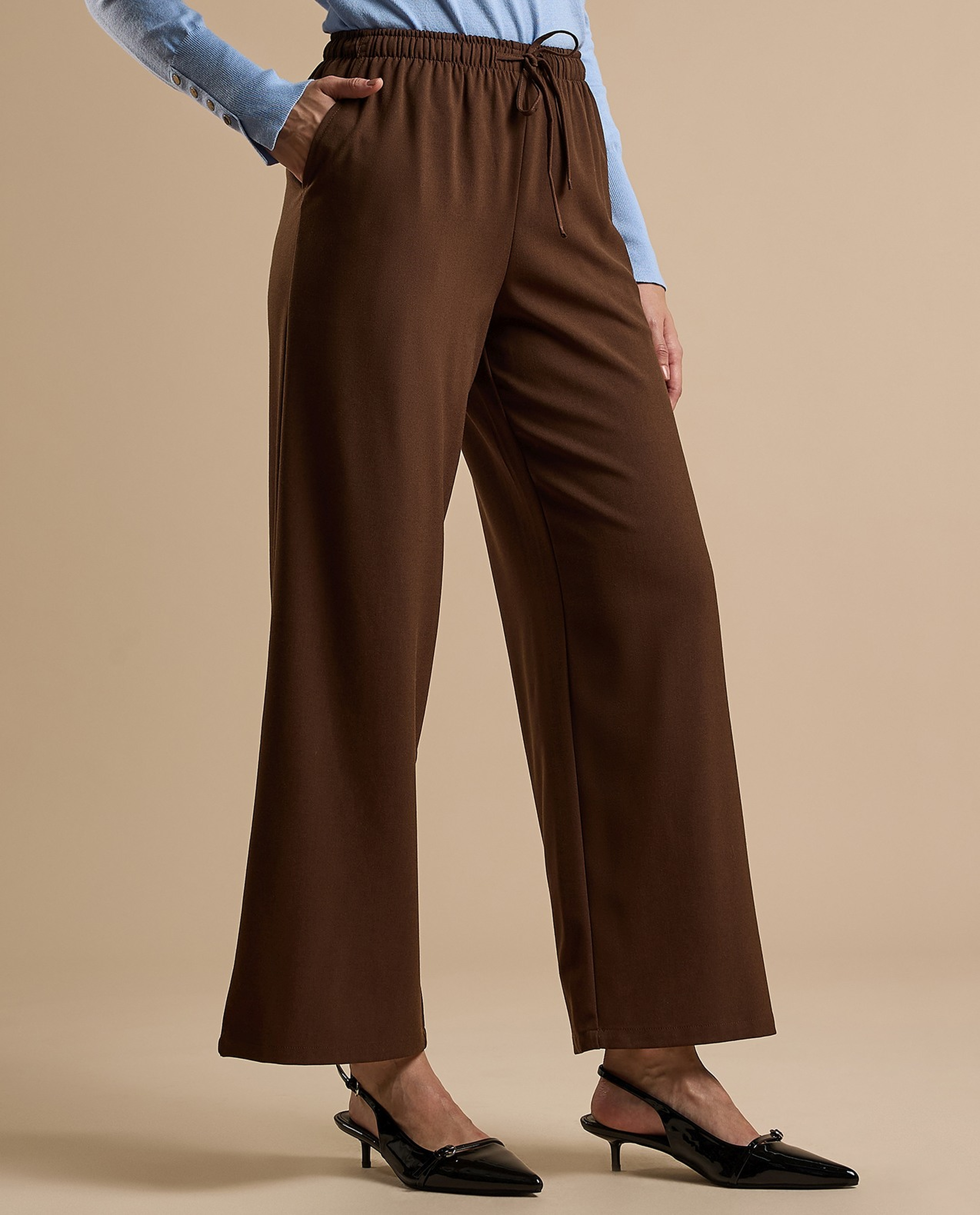 Solid Wide Keg Pants with Drawstring Waist