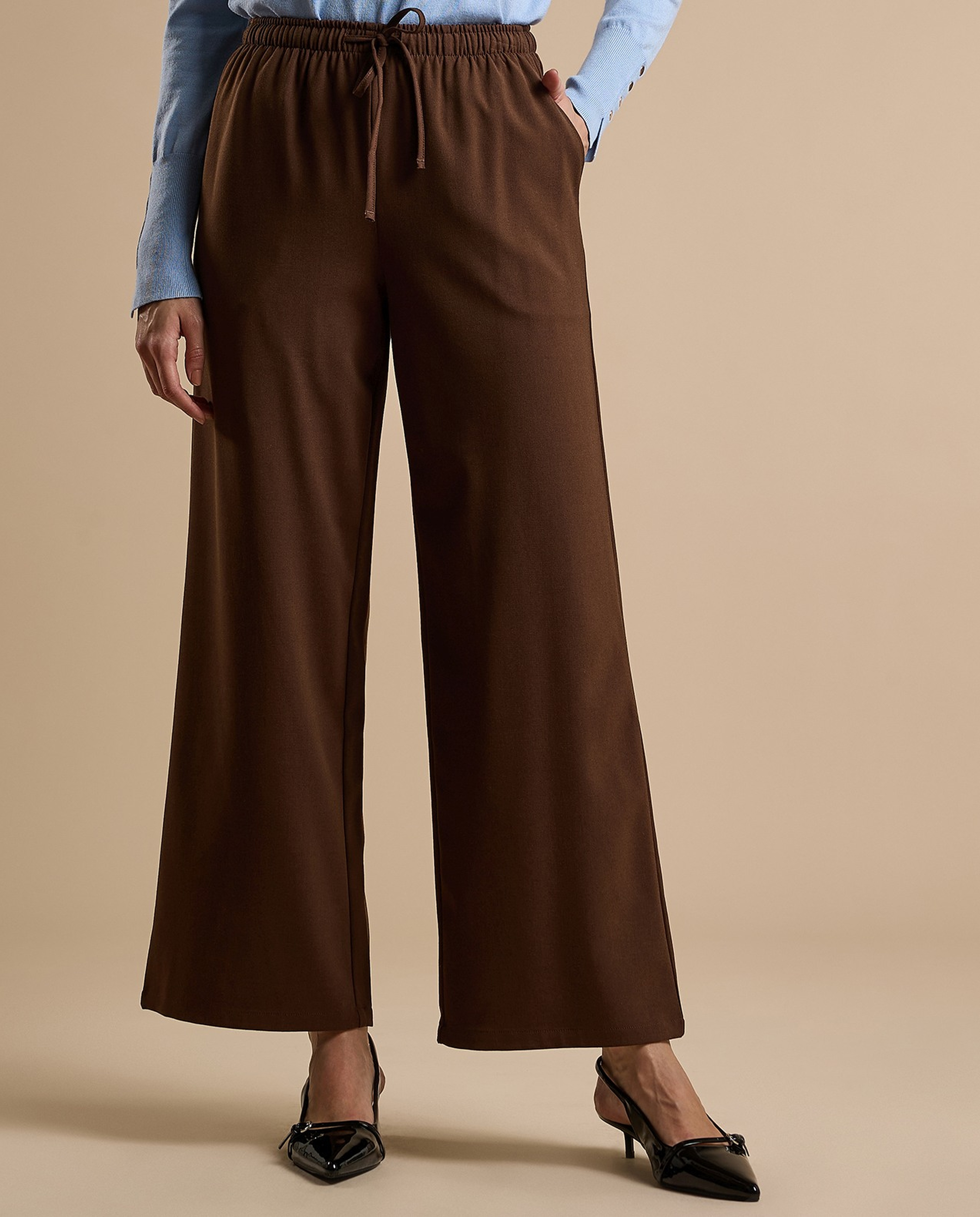 Solid Wide Keg Pants with Drawstring Waist