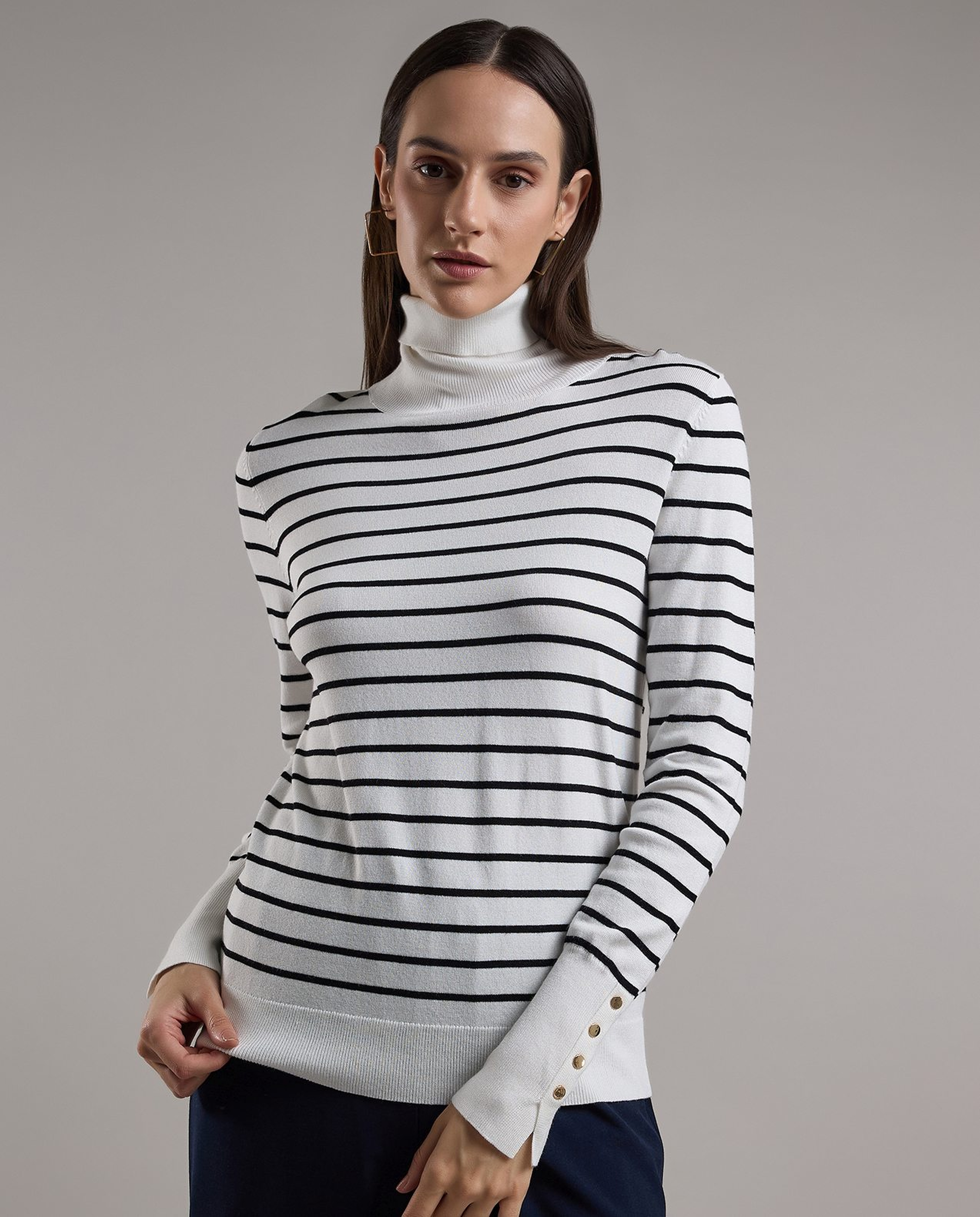 Striped Sweater with Turtleneck and Long Sleeves