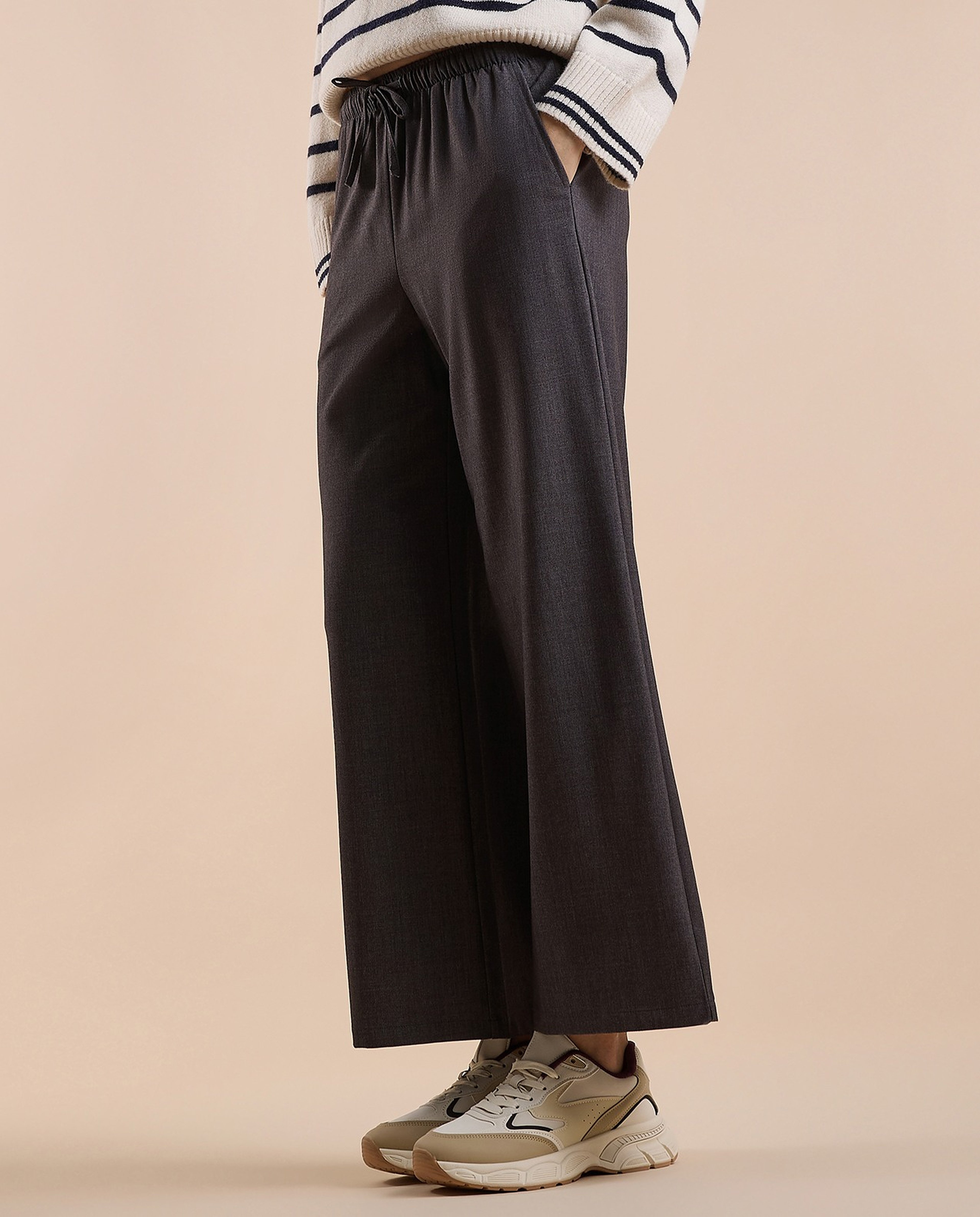 Solid Wide Keg Pants with Drawstring Waist