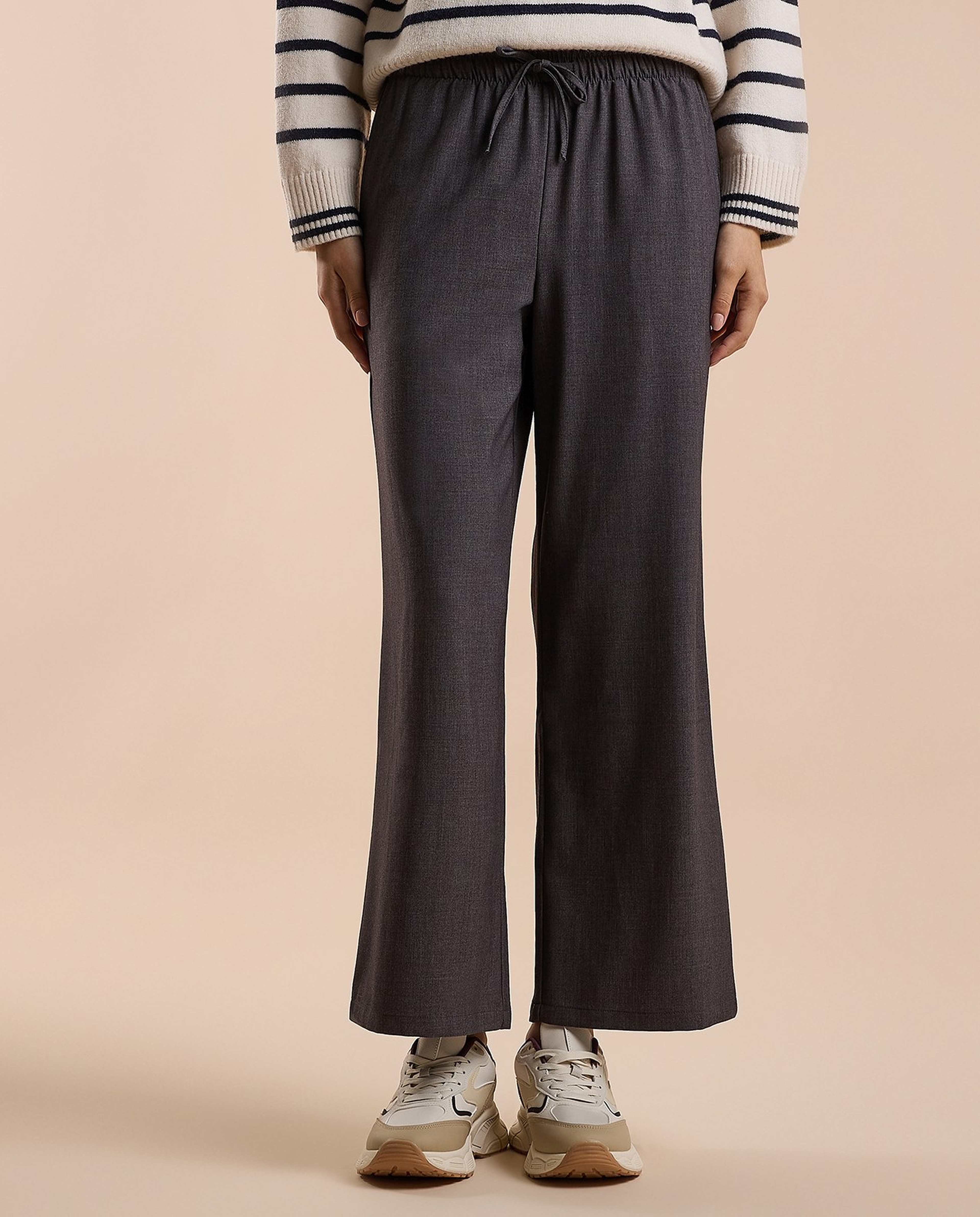 Solid Wide Keg Pants with Drawstring Waist
