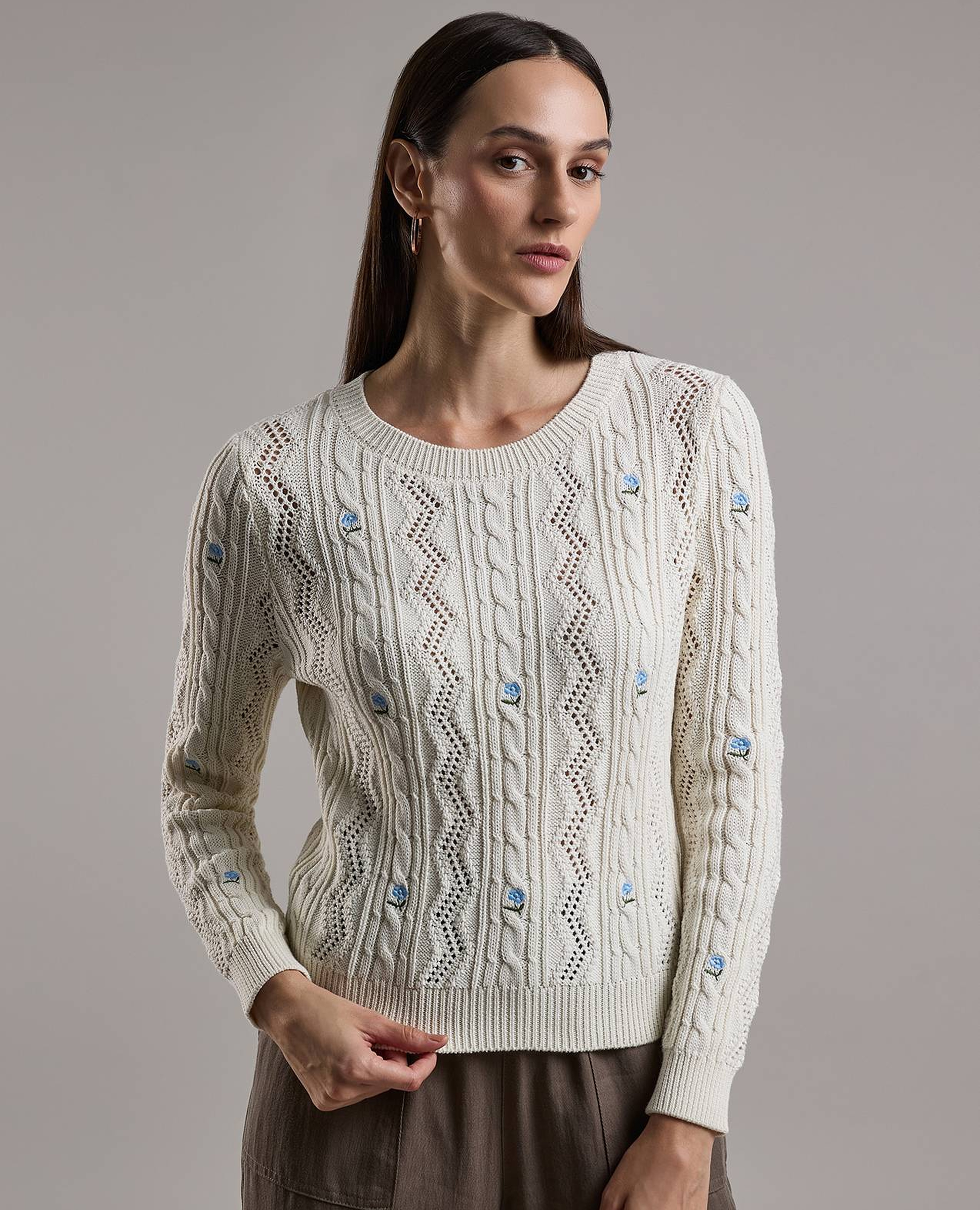Embroidered Sweater with Crew Neck and Long Sleeves