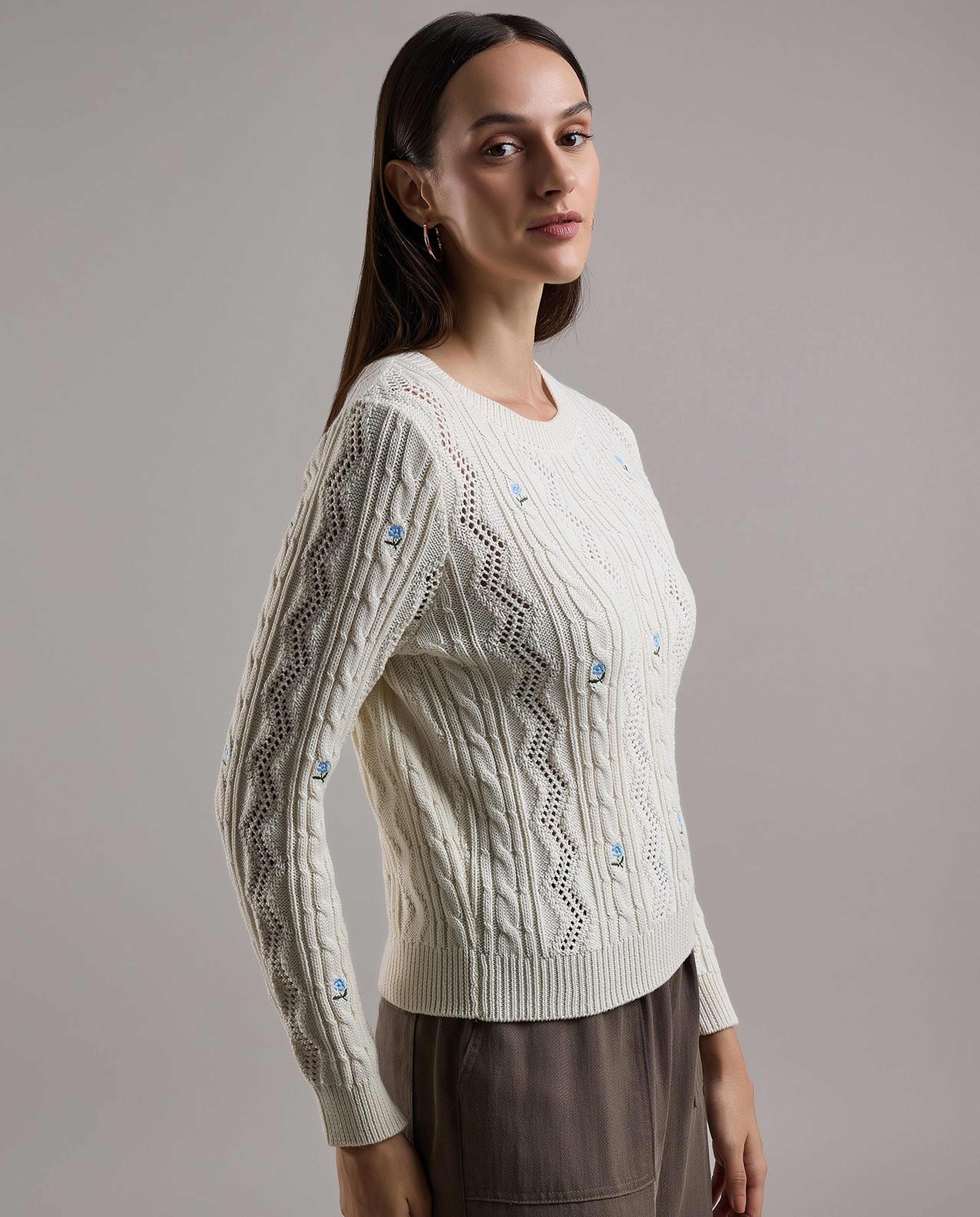 Embroidered Sweater with Crew Neck and Long Sleeves