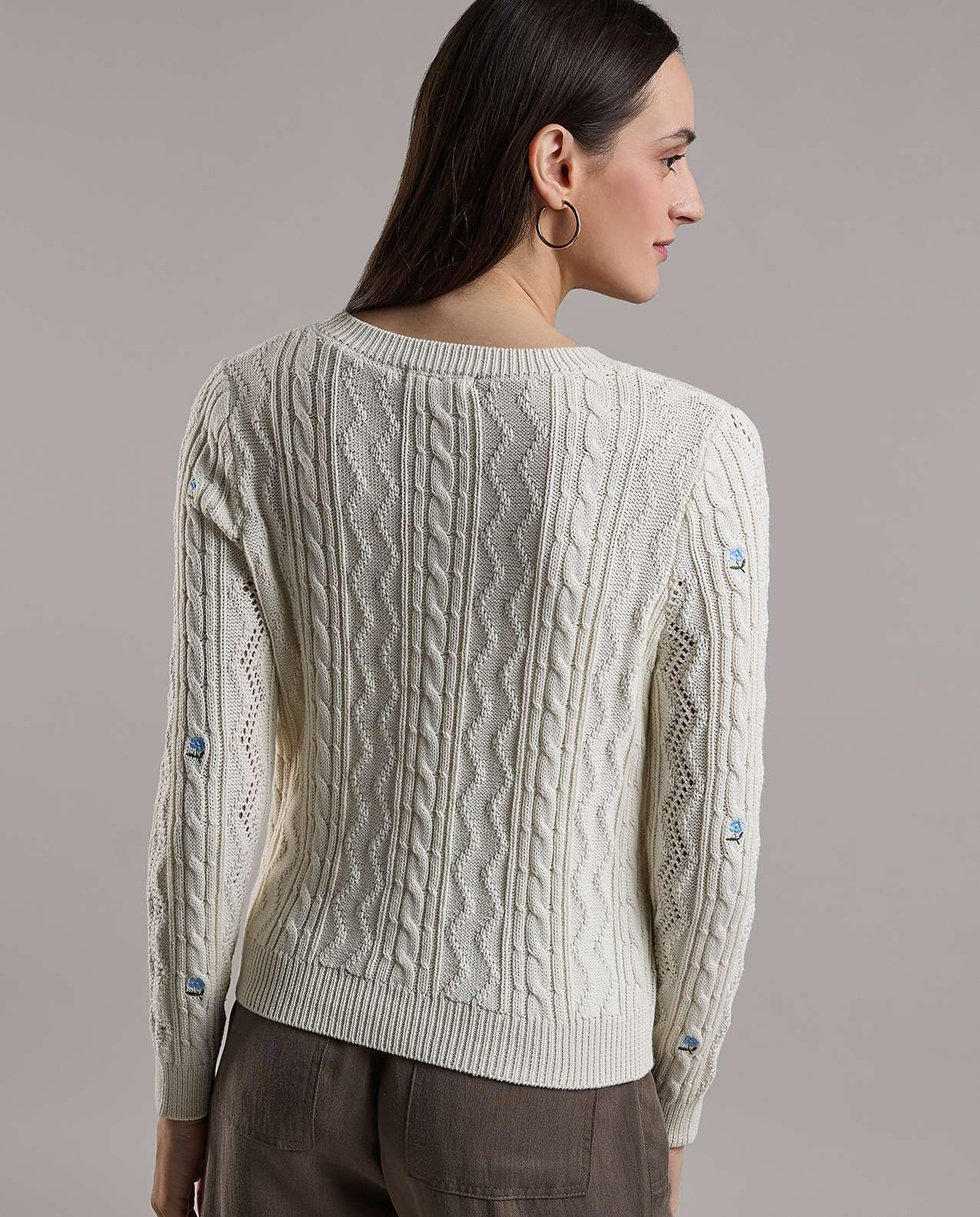 Embroidered Sweater with Crew Neck and Long Sleeves