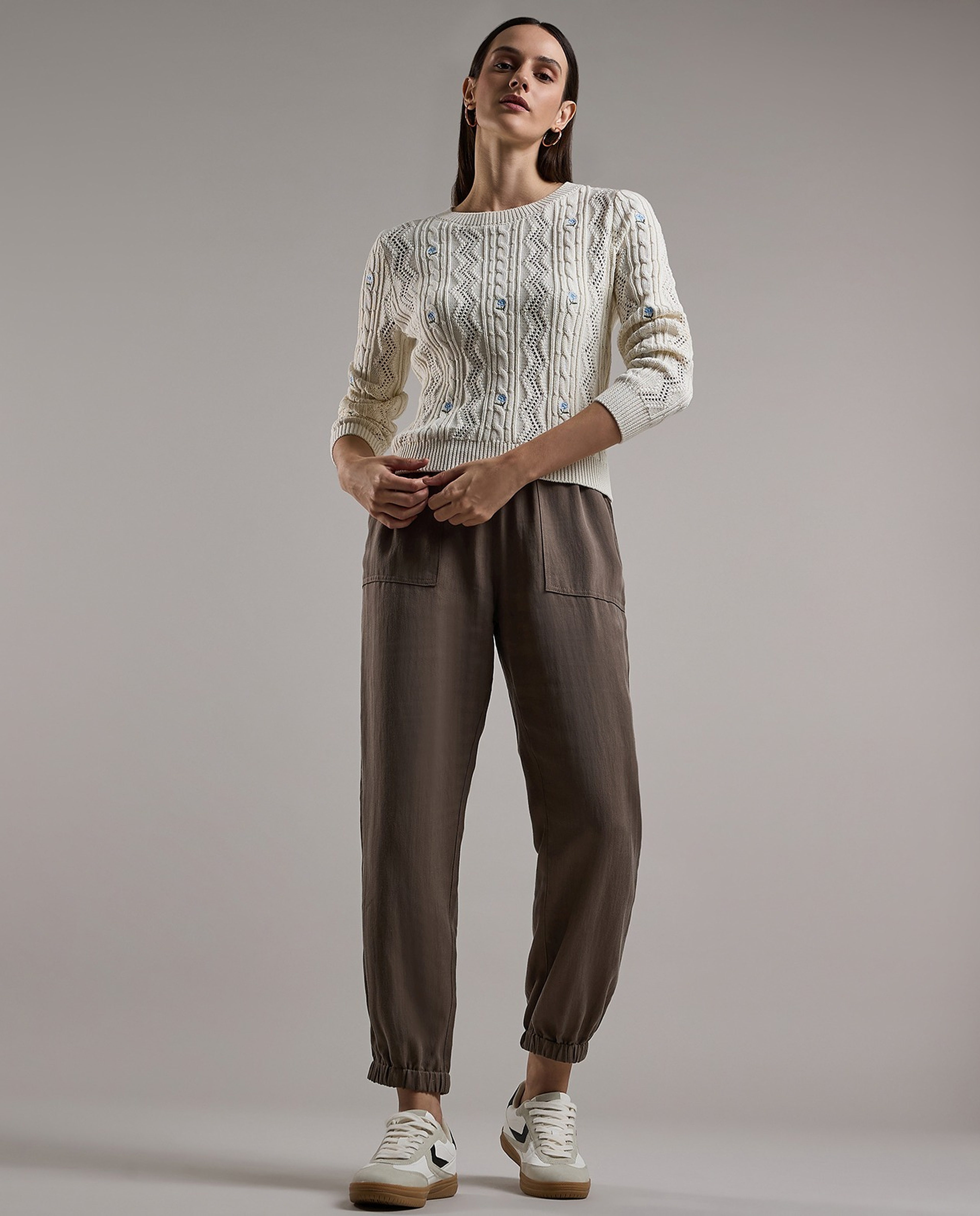 Embroidered Sweater with Crew Neck and Long Sleeves