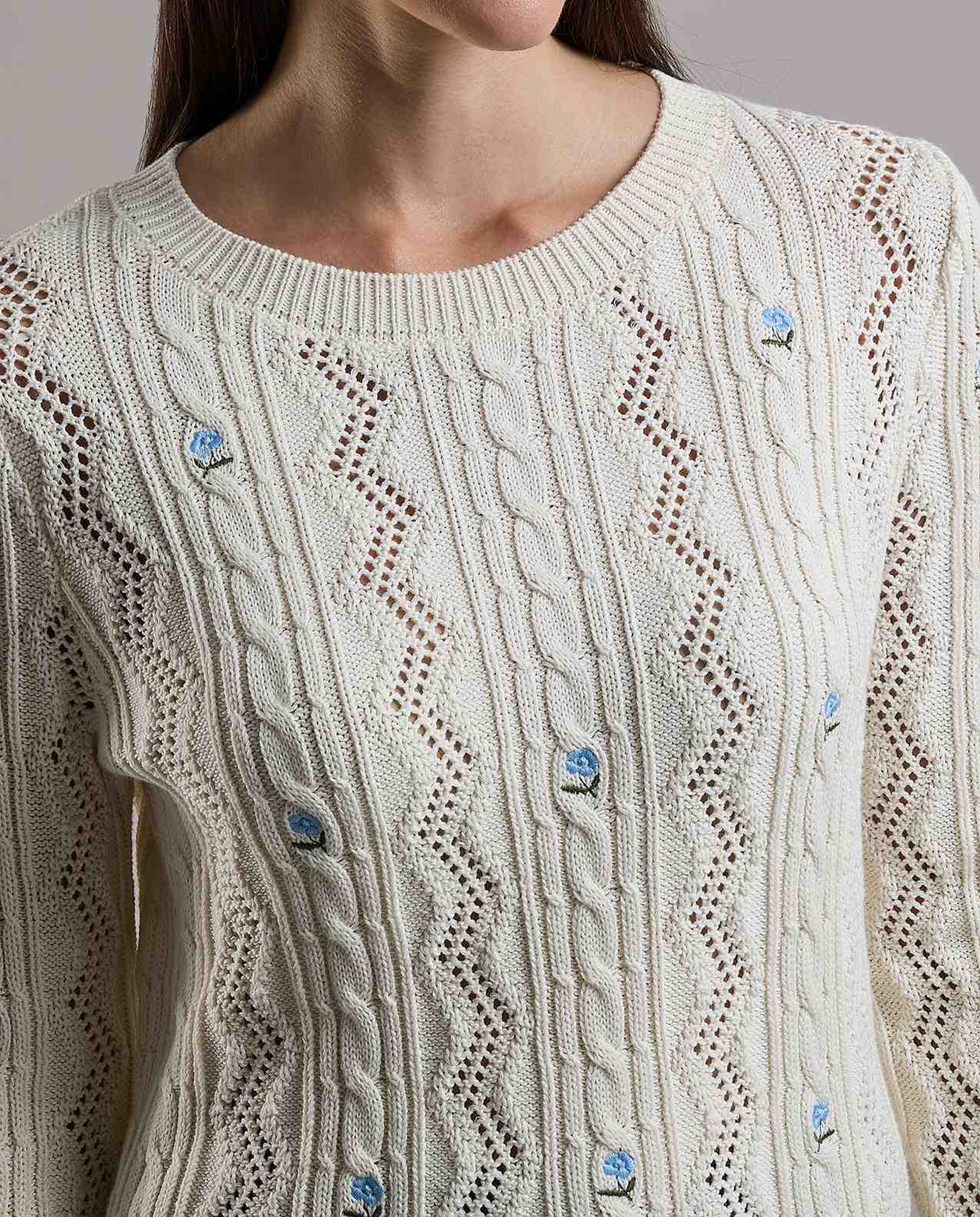 Embroidered Sweater with Crew Neck and Long Sleeves