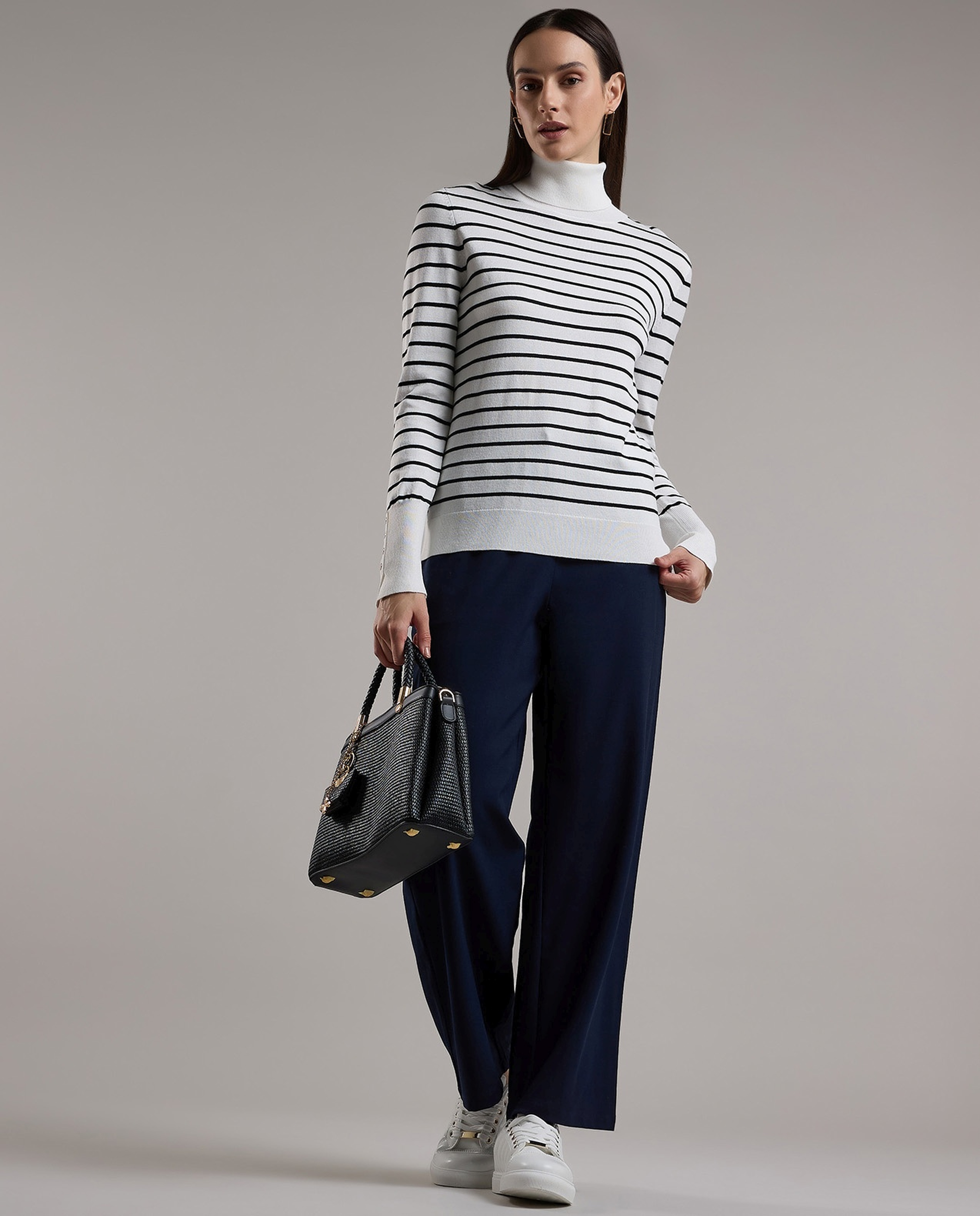 Striped Sweater with Turtleneck and Long Sleeves