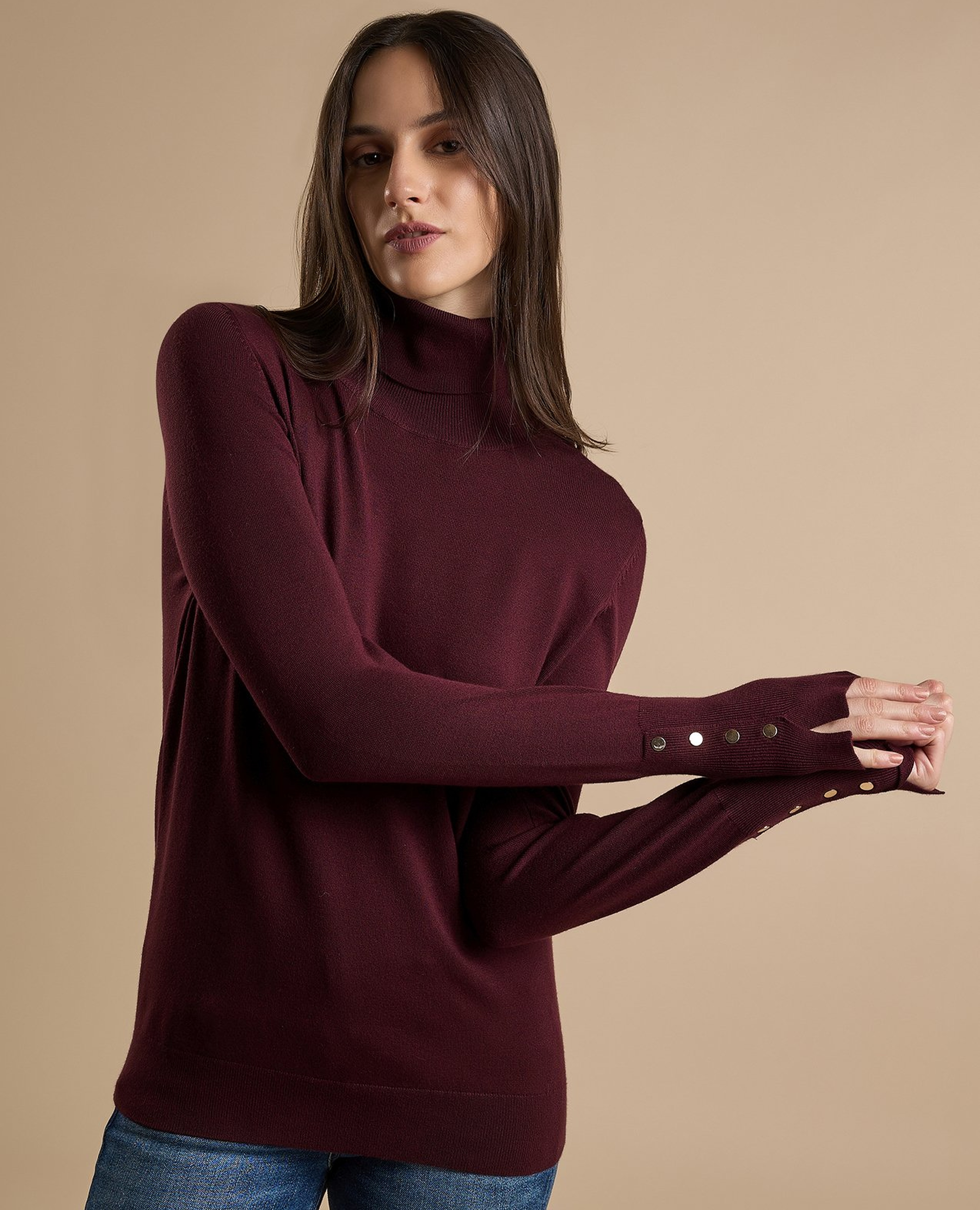 Solid Sweater with Turtleneck and Long Sleeves