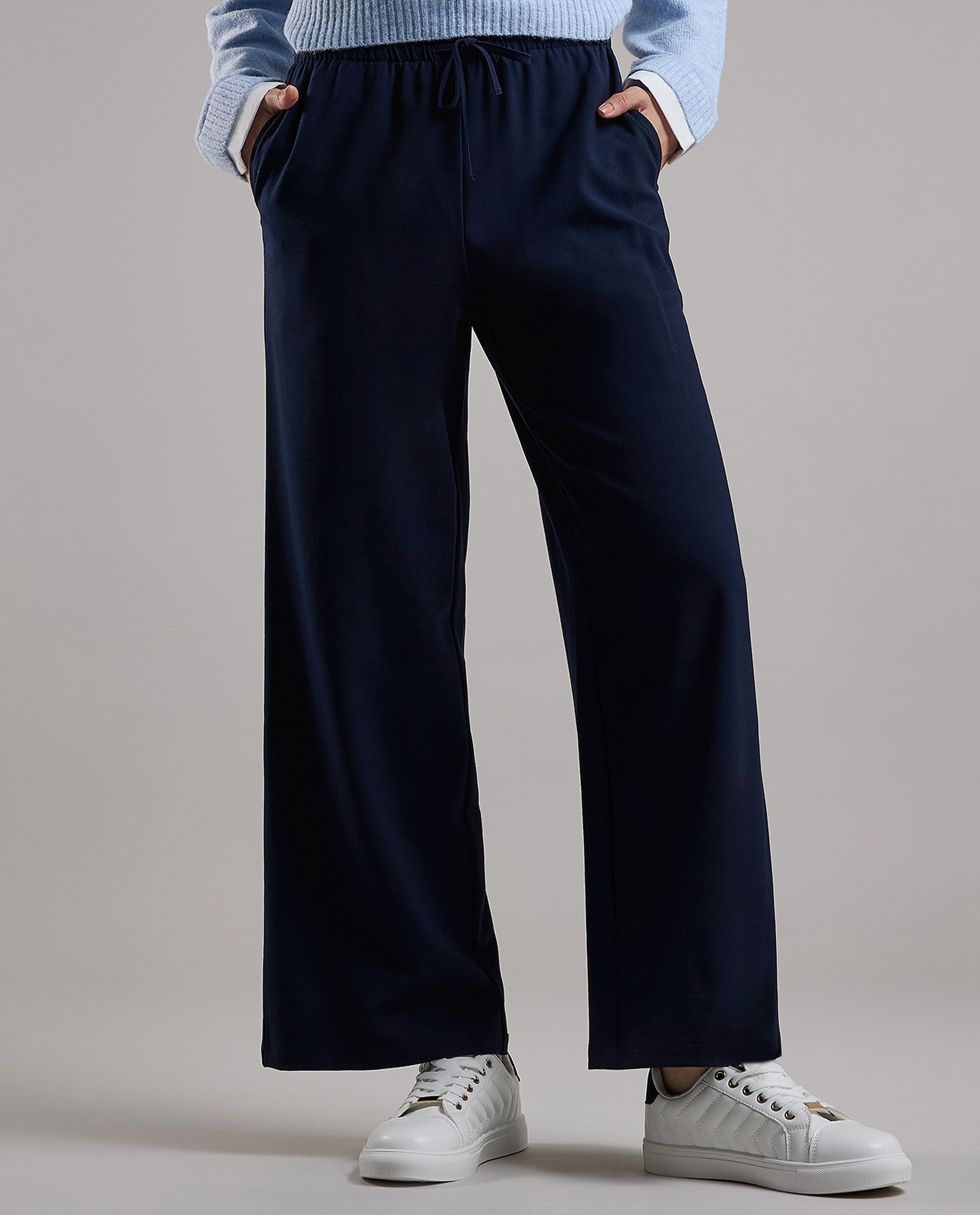 Solid Wide Keg Pants with Drawstring Waist