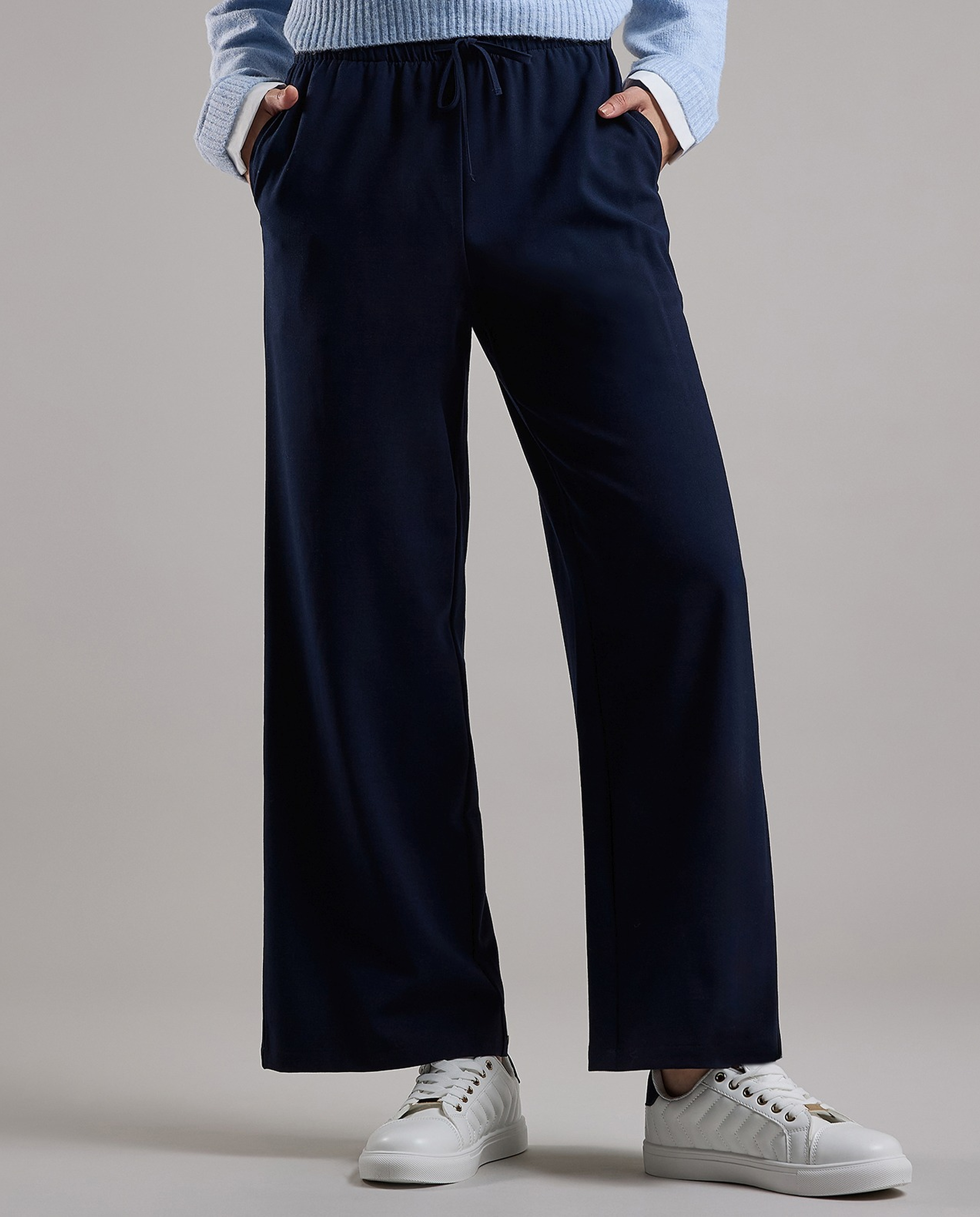 Solid Wide Keg Pants with Drawstring Waist