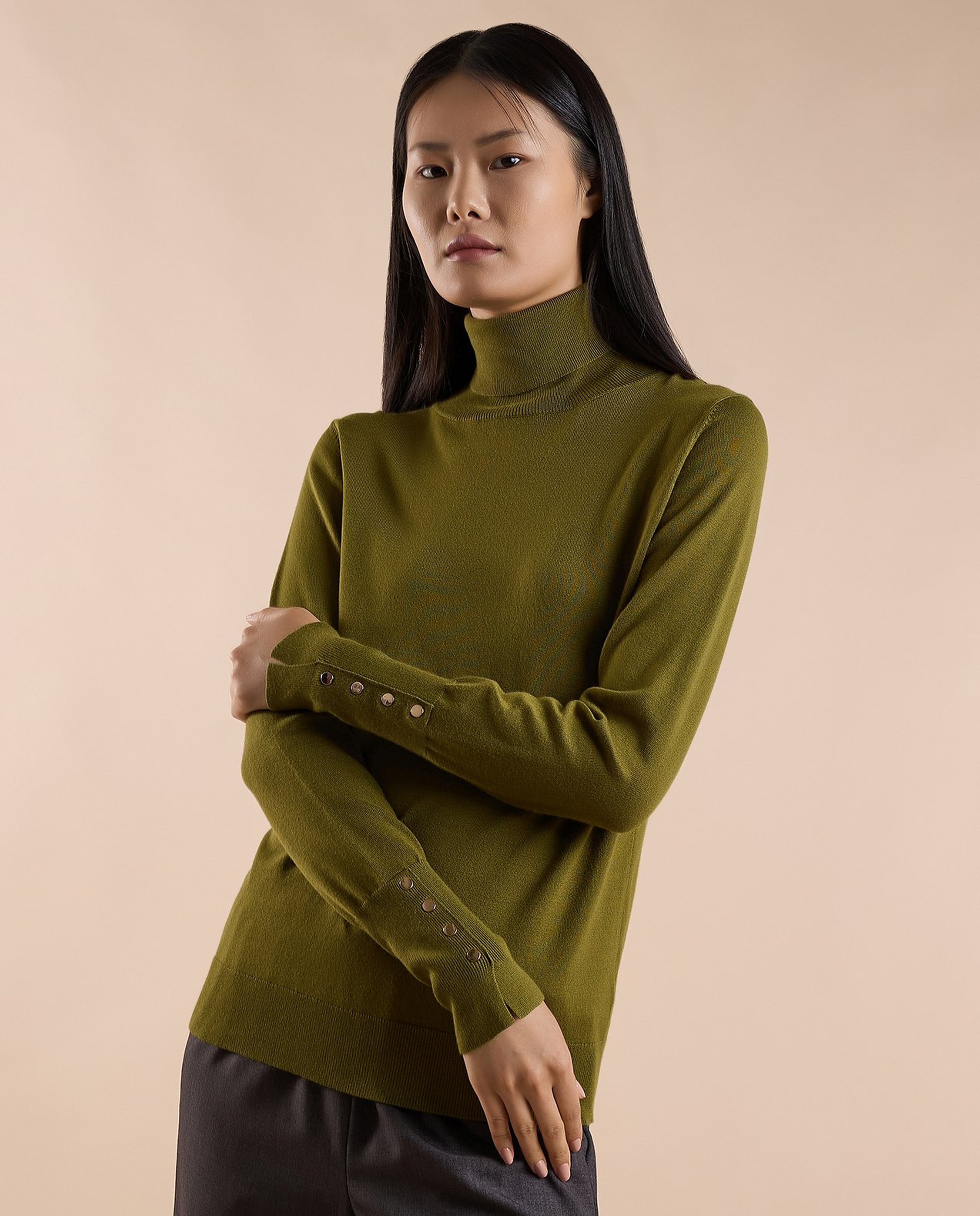 Solid Sweater with Turtleneck and Long Sleeves