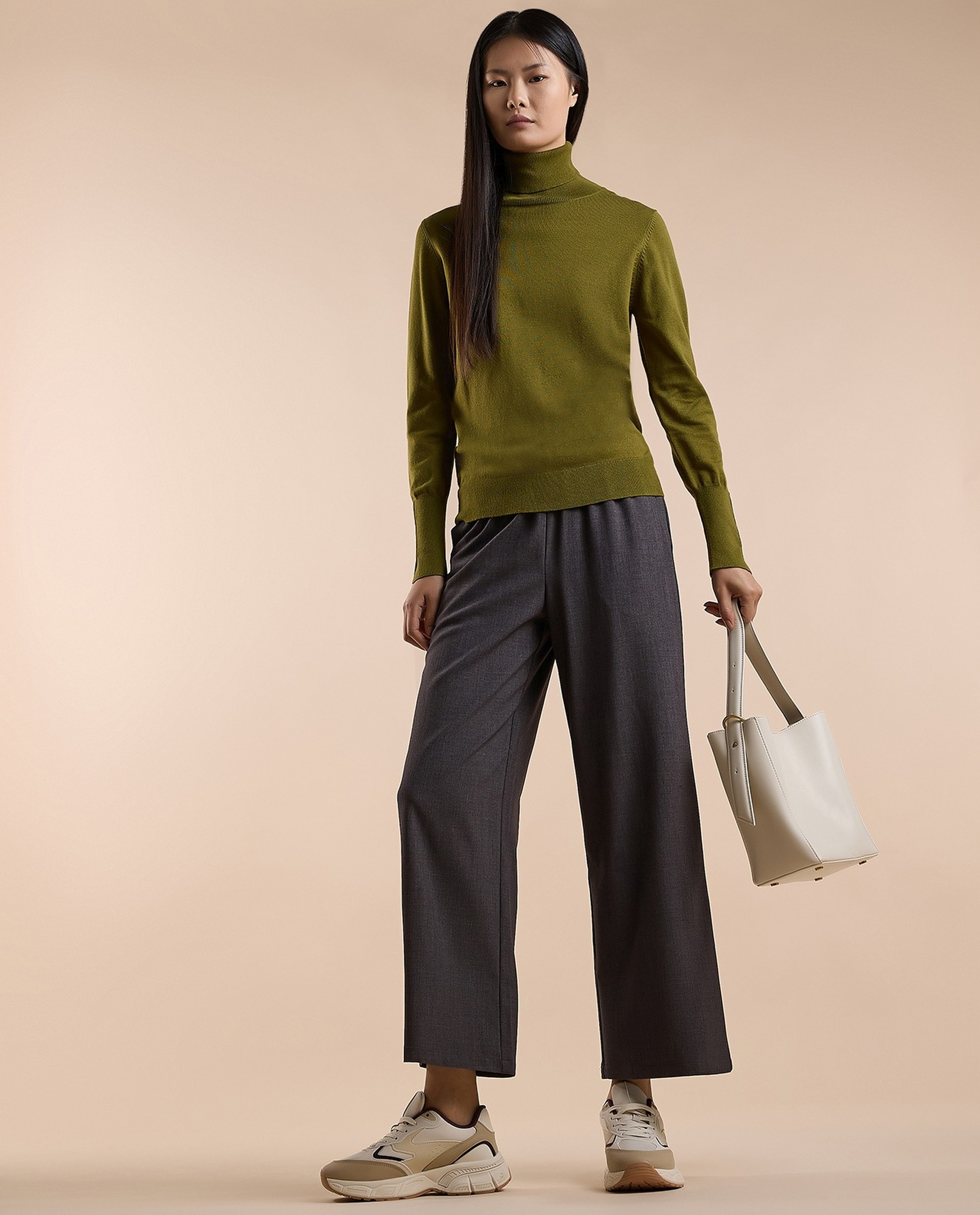 Solid Sweater with Turtleneck and Long Sleeves