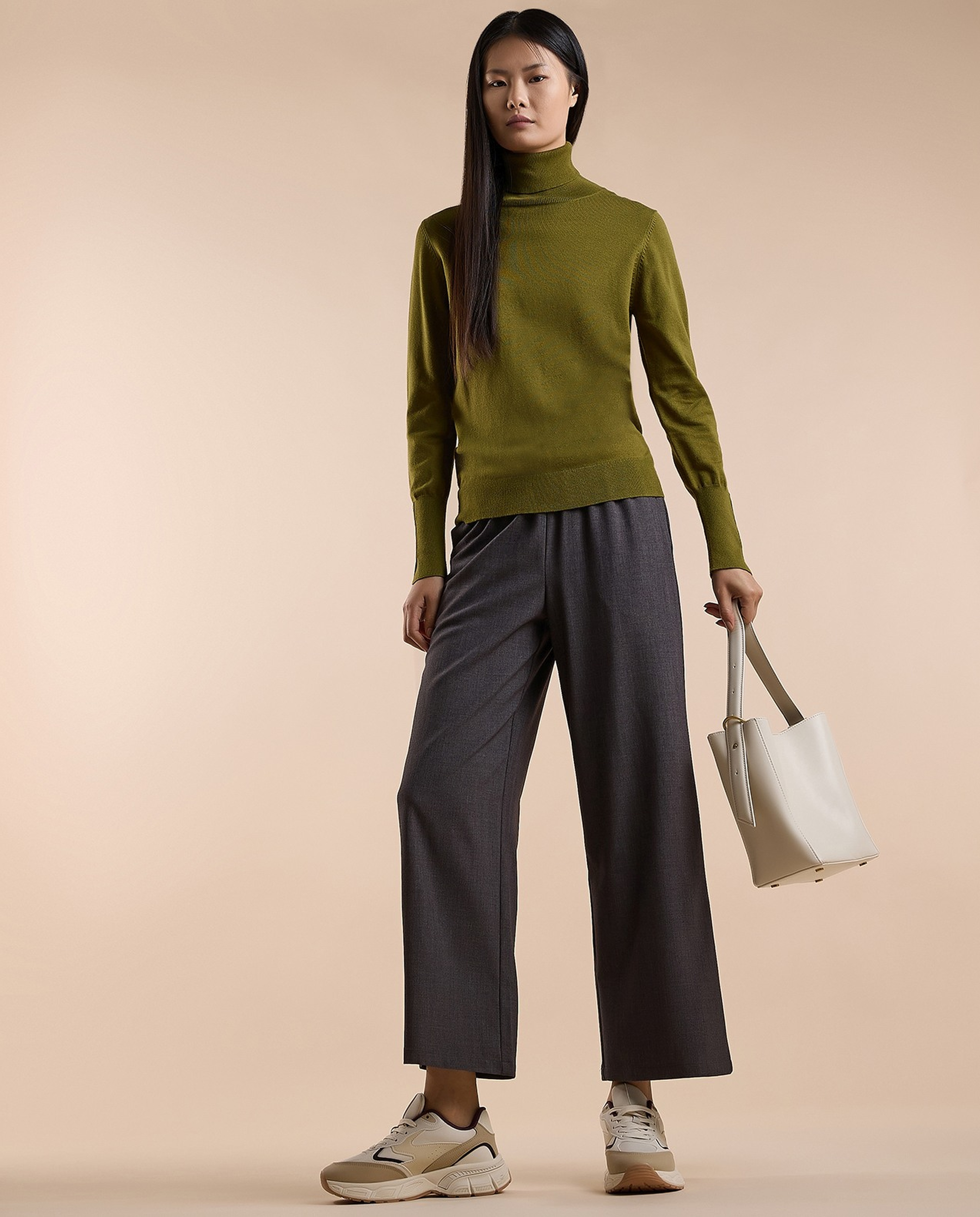 Solid Sweater with Turtleneck and Long Sleeves