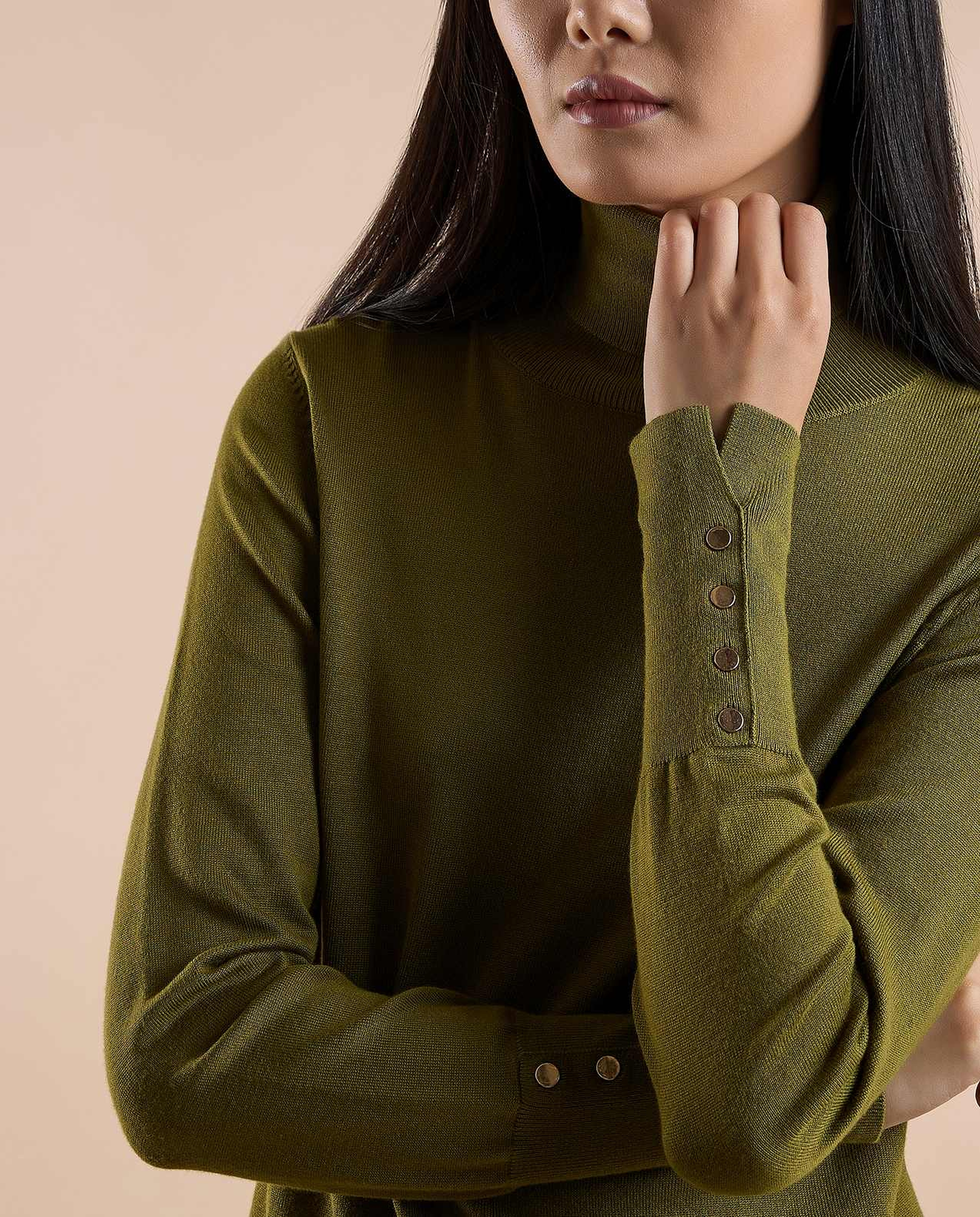 Solid Sweater with Turtleneck and Long Sleeves