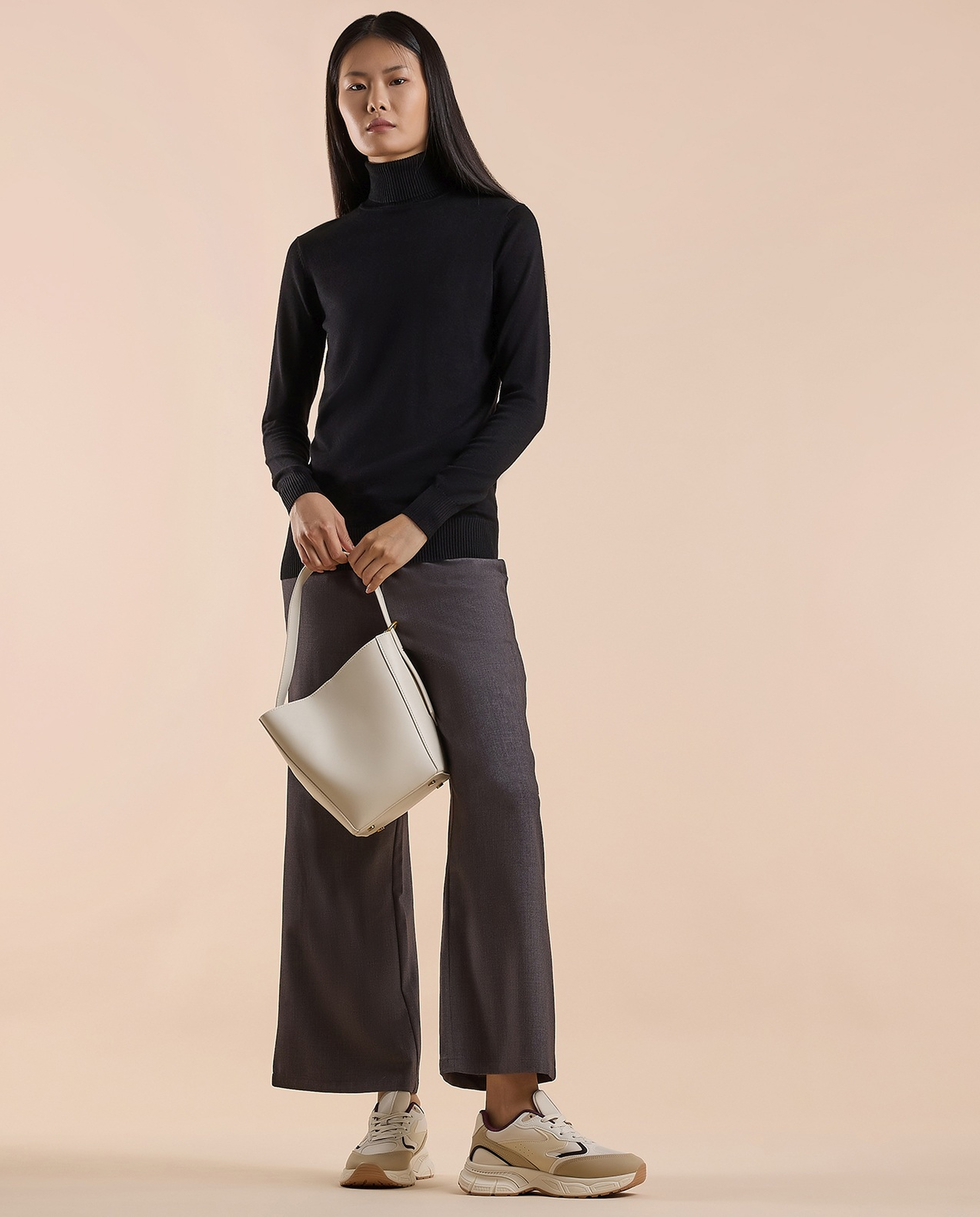 Solid Sweater with Turtleneck and Long Sleeves