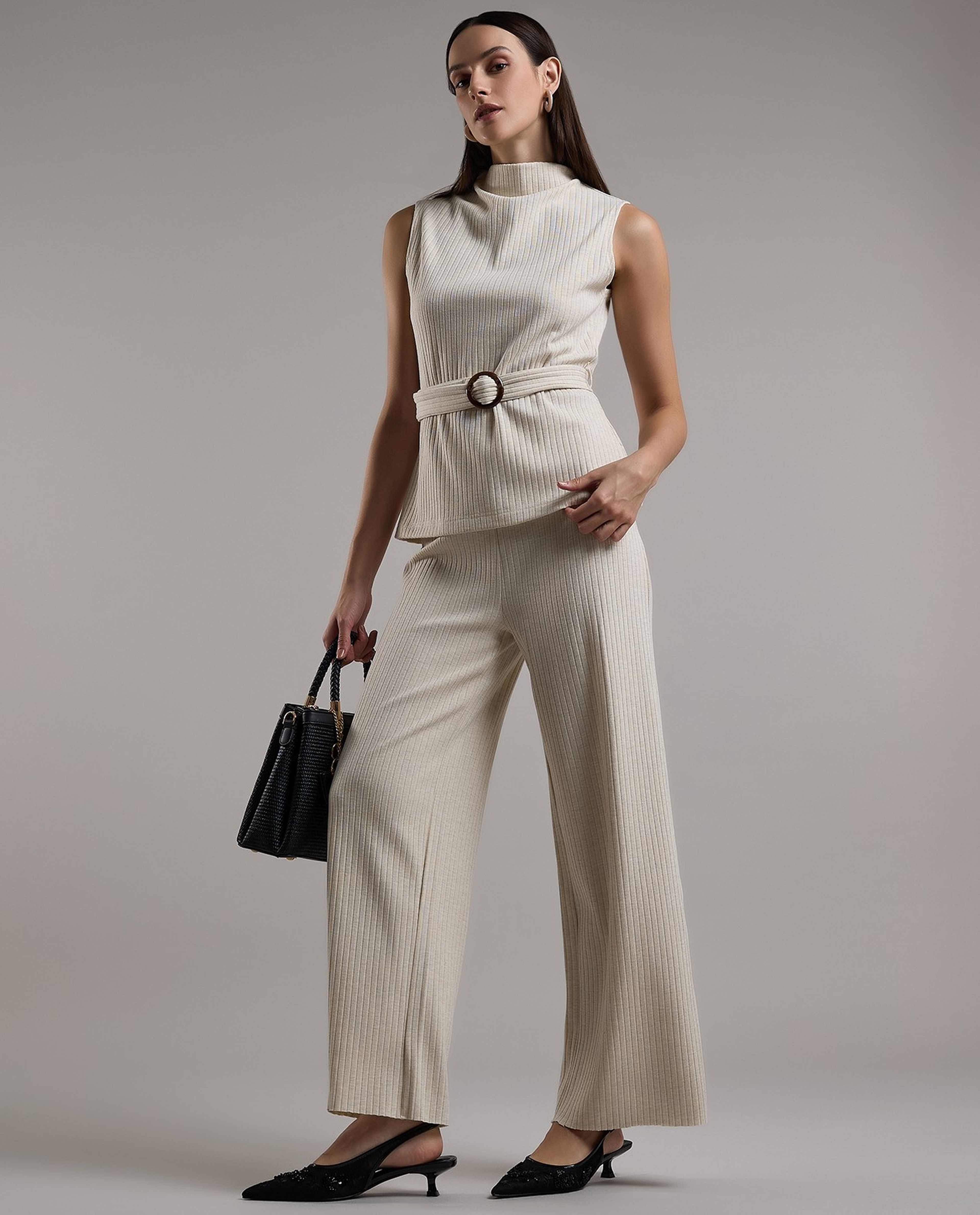 Ribbed Wide Leg Pants with Elastic Waist