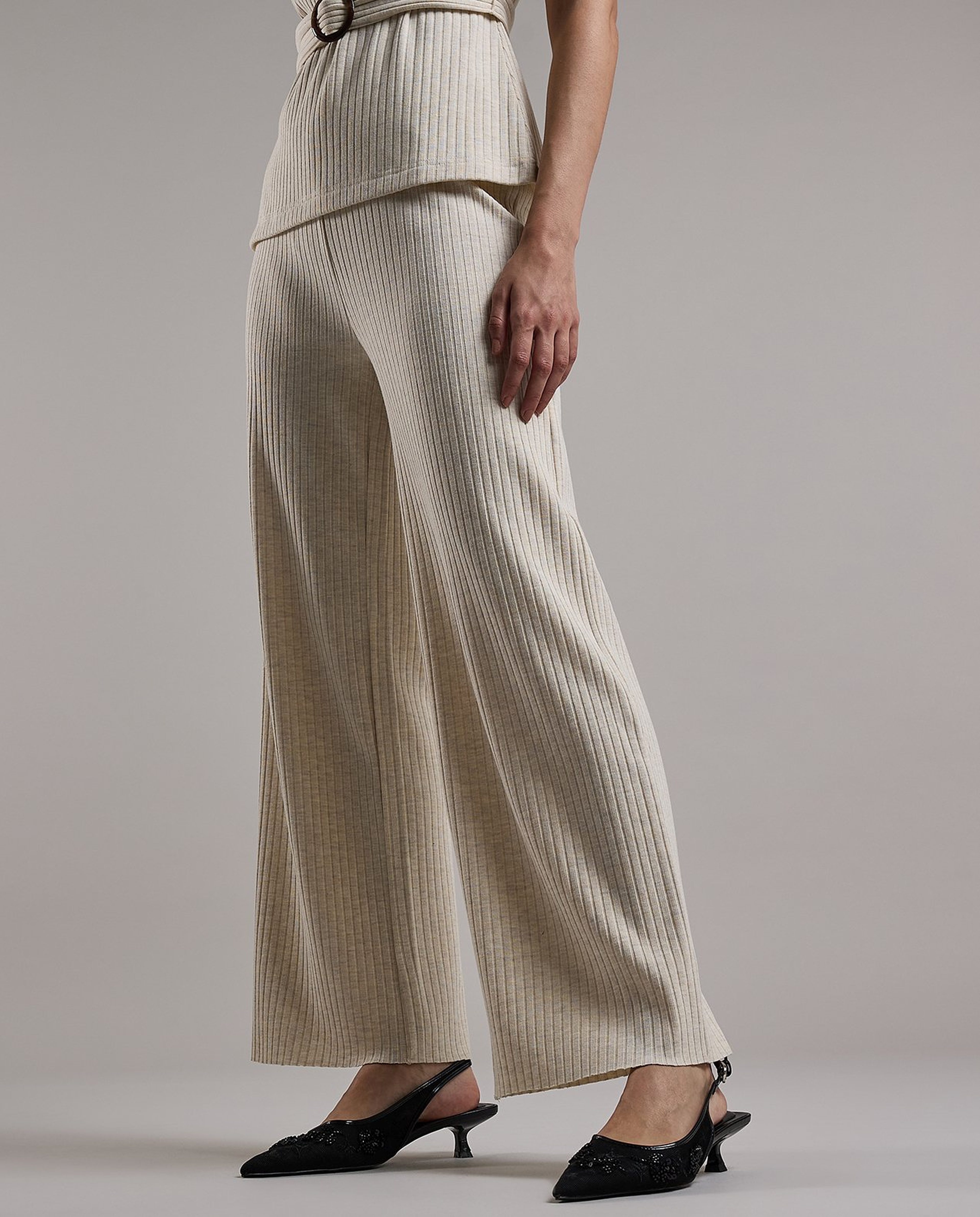 Ribbed Wide Leg Pants with Elastic Waist