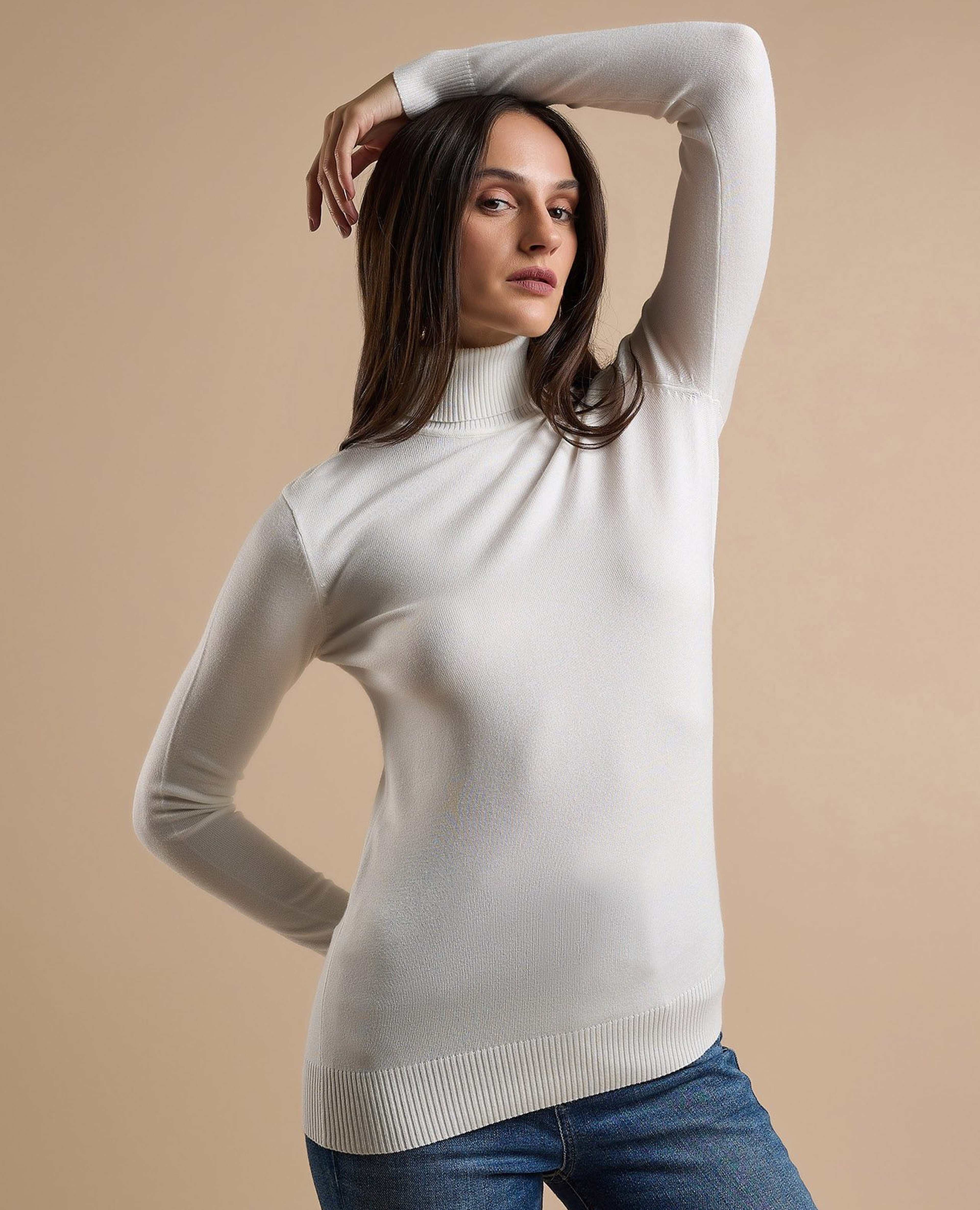 Solid Sweater with Turtleneck and Long Sleeves